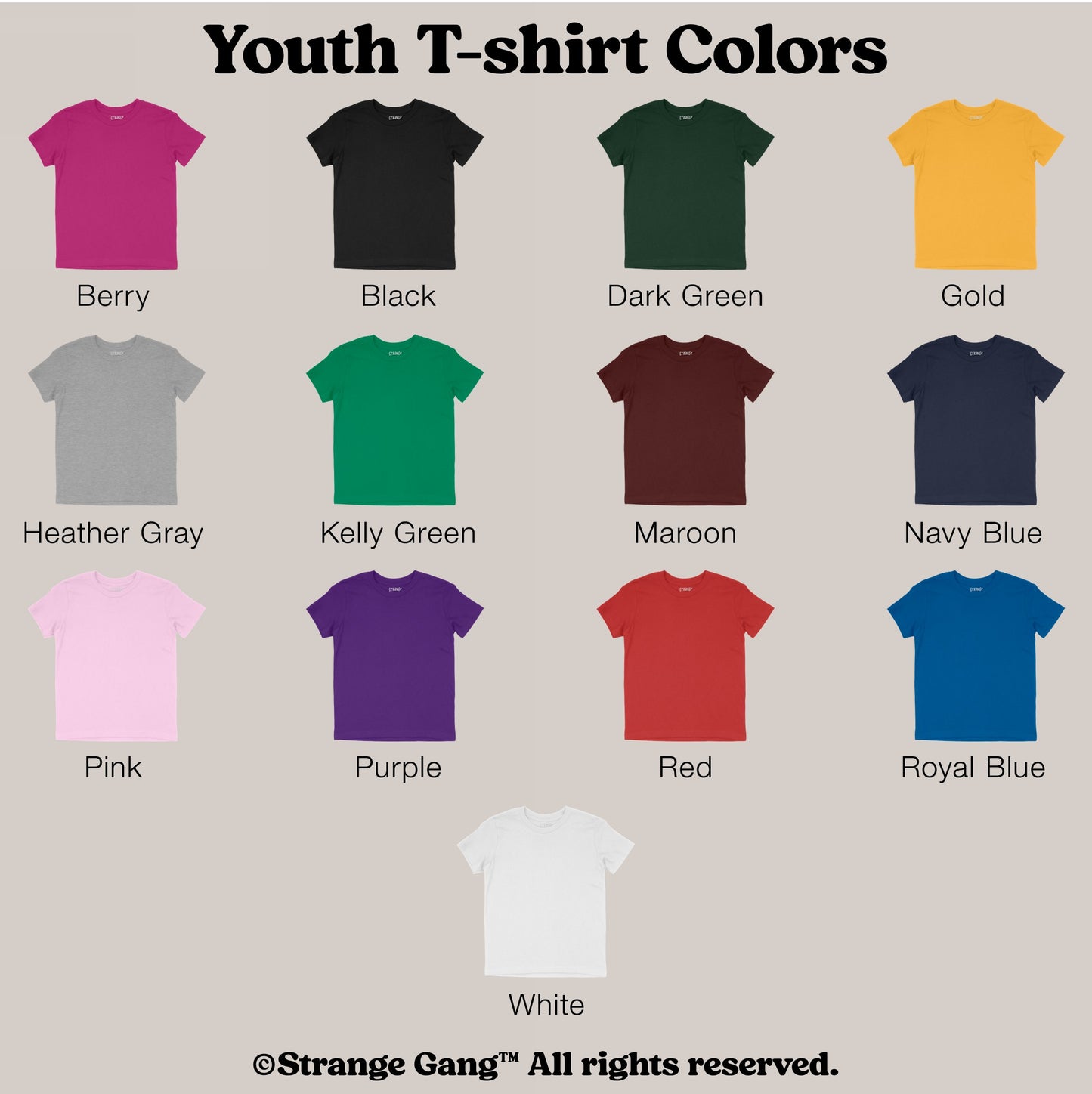 Youth T-shirt Colors chart featuring 13 blank kids' T-shirts, labeled for Custom Anti-Fascist Kids T-shirt, allowing personalization with empowering text, perfect for young activists.