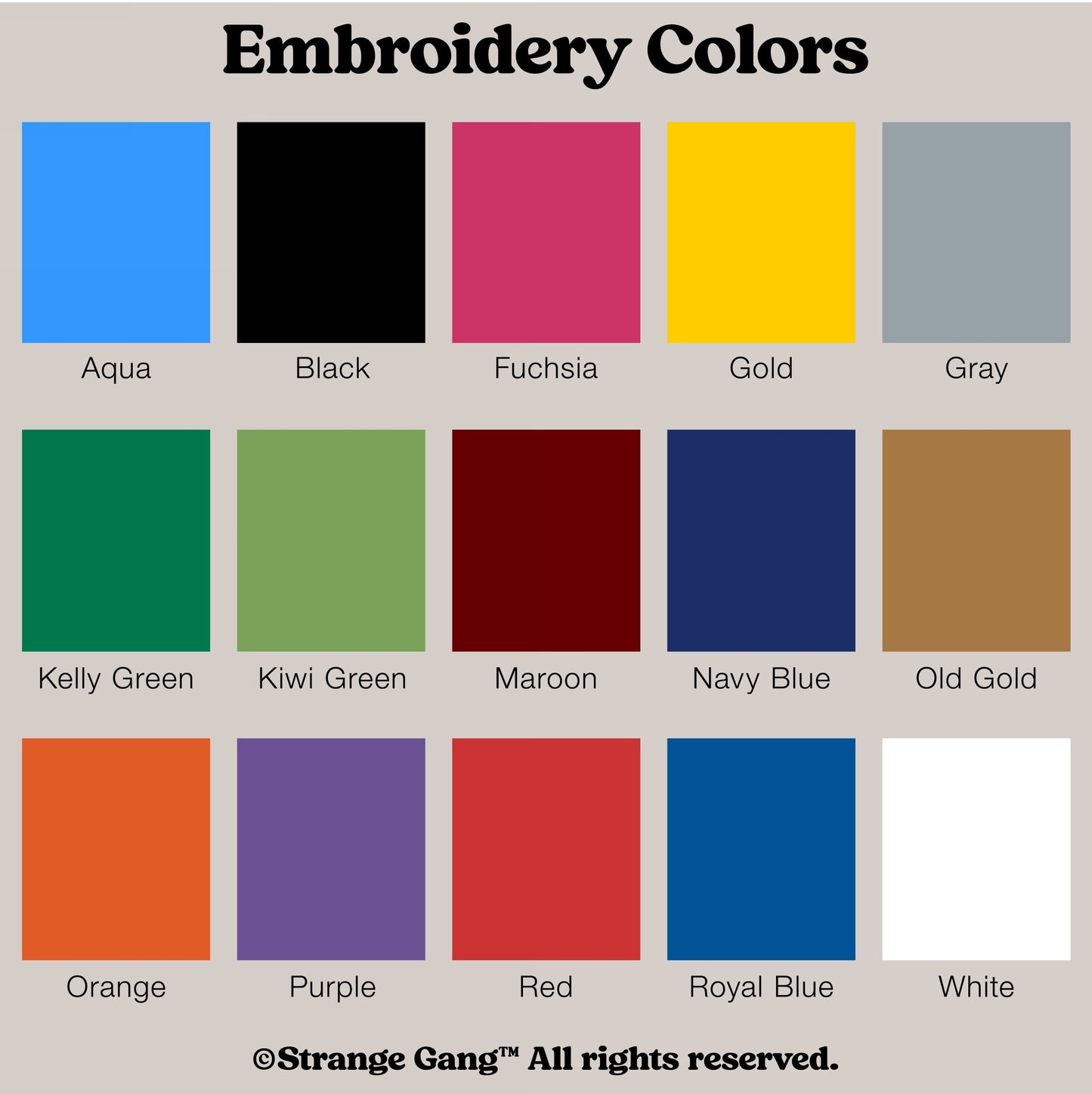 Embroidery reference chart for the Custom Anti-Fascist Trucker Hat, featuring 15 color swatches for personalization. Choose unique embroidery for this adjustable, breathable hat to express your anti-fascist message.