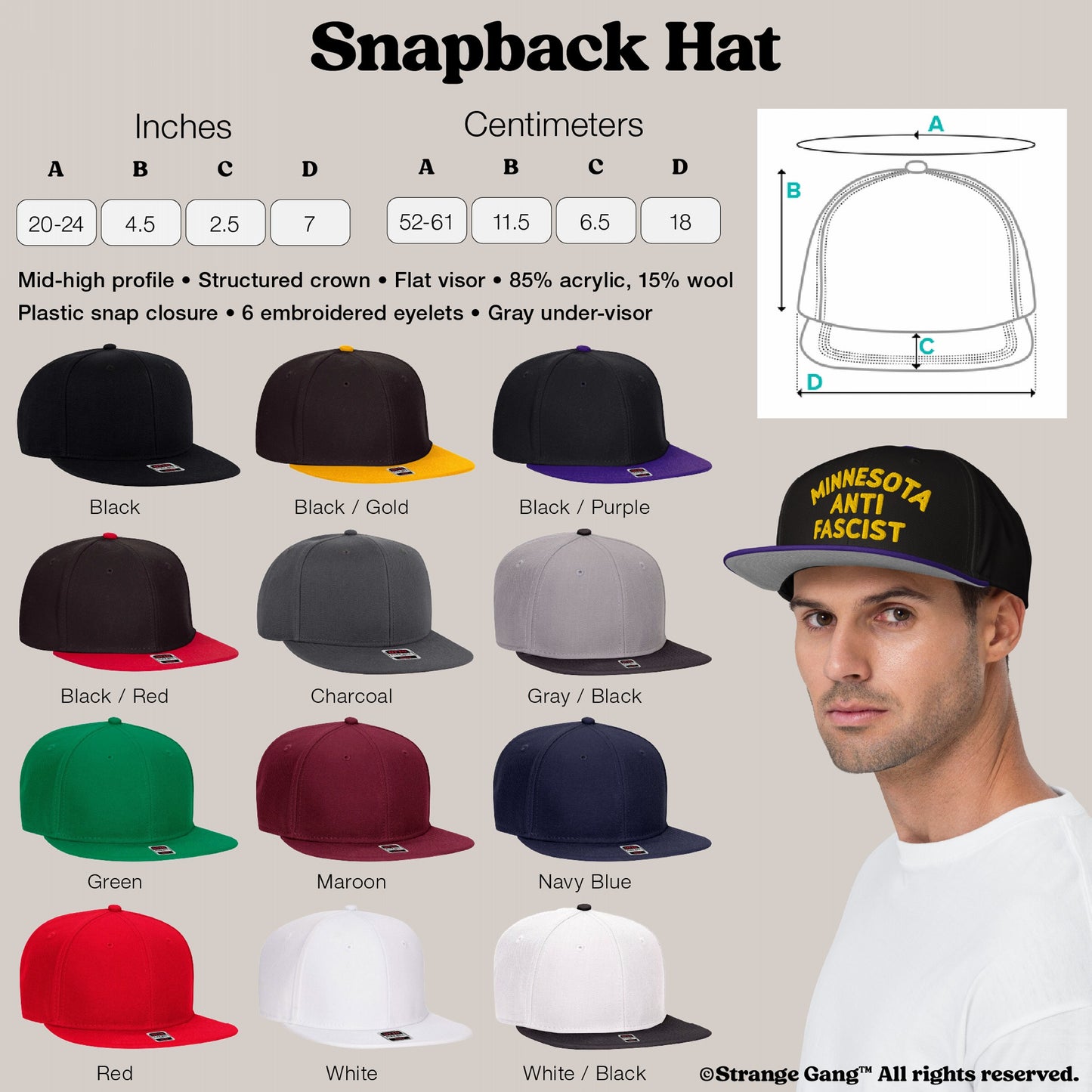 Custom Anti-Fascist Snapback Hat with MINNESOTA ANTI FASCIST yellow embroidery, structured crown, flat visor, and adjustable closure. Showcased with size chart, color options, and model.