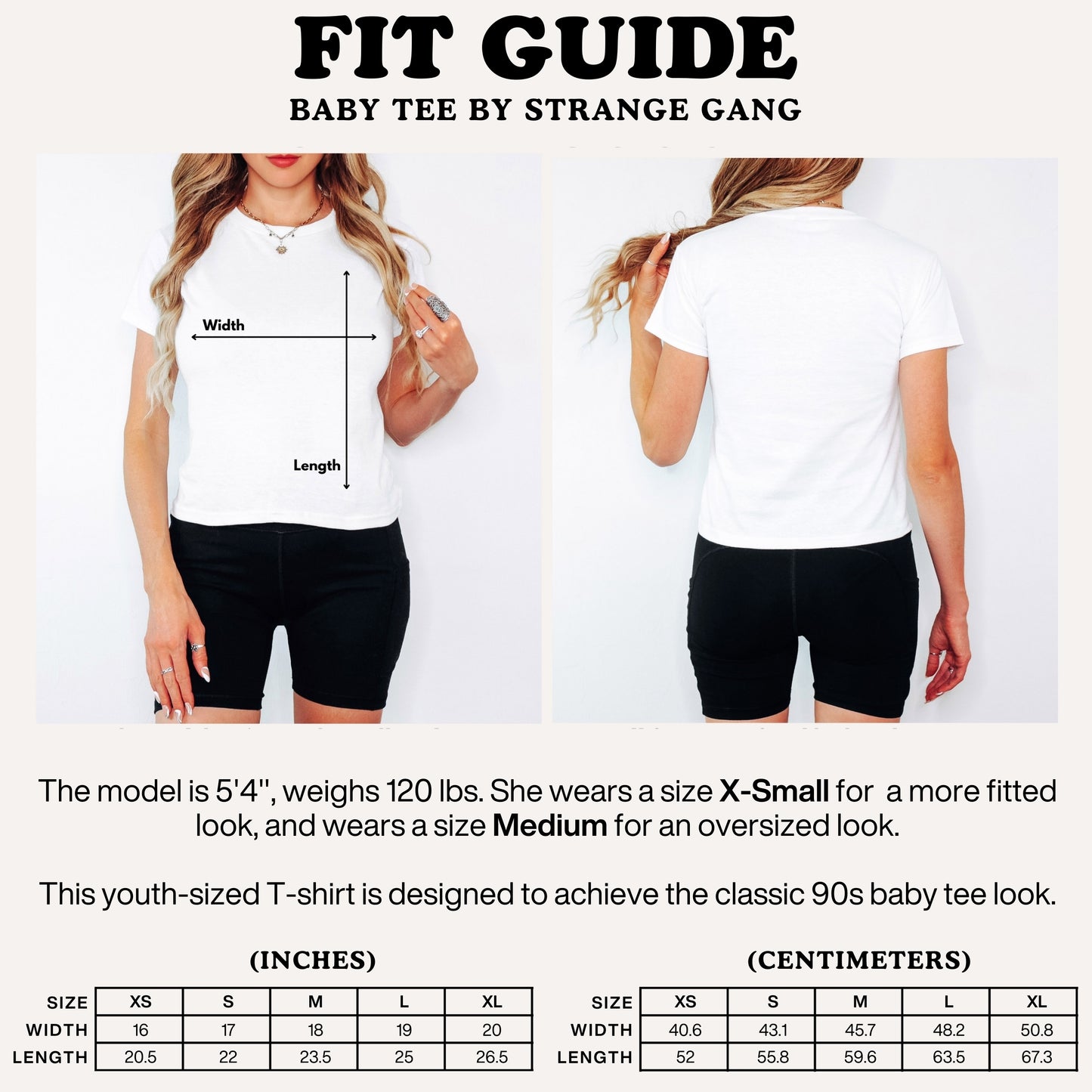 Watch List Women's Baby Tee fit guide, showcasing a model wearing a white crop tee with sizing details for XS to XL, capturing the rebellious, 90s-inspired, feminist style.
