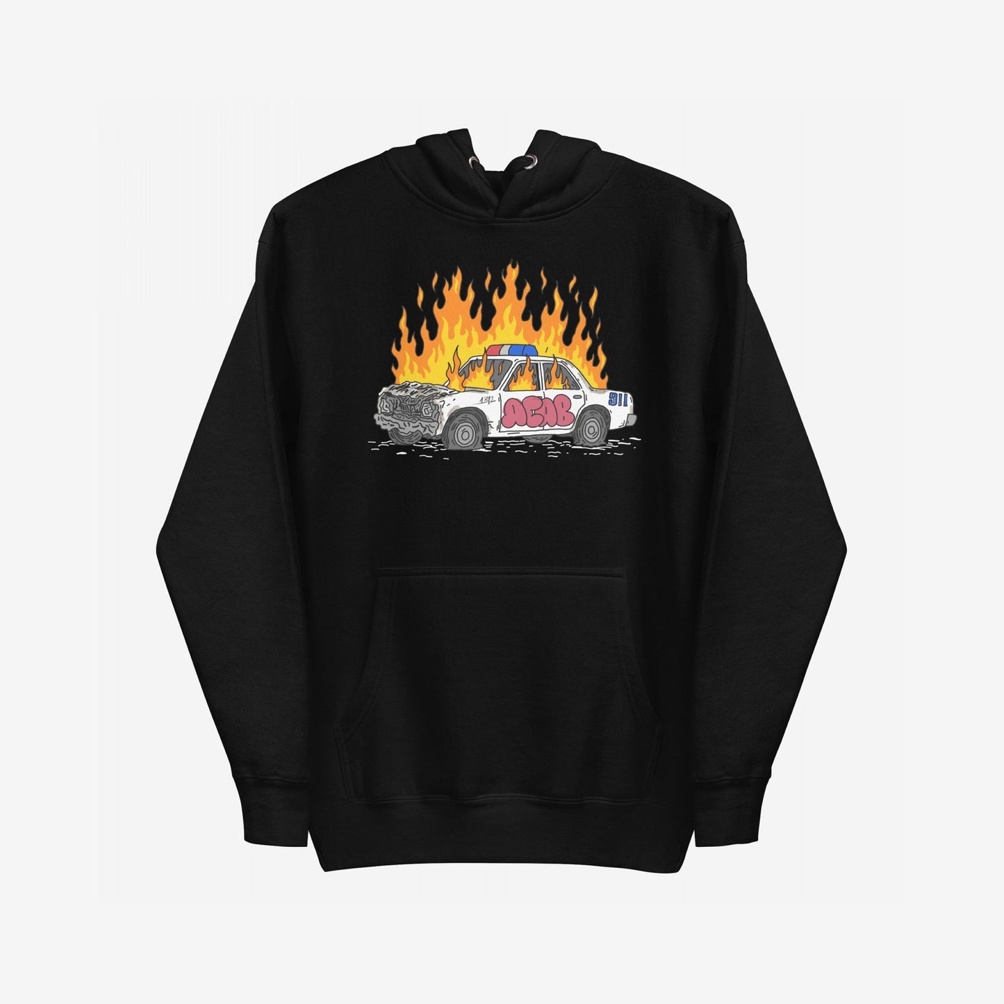 ACAB Police Car Hoodie features a flaming, graffiti-tagged police cruiser graphic, embodying punk rebellion and visible resistance, ideal for those who stand up for social justice and equality.
