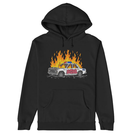 ACAB Police Car Hoodie features a flaming, graffiti-tagged police cruiser graphic, embodying punk rebellion and visible resistance, ideal for those who stand up for social justice and equality.