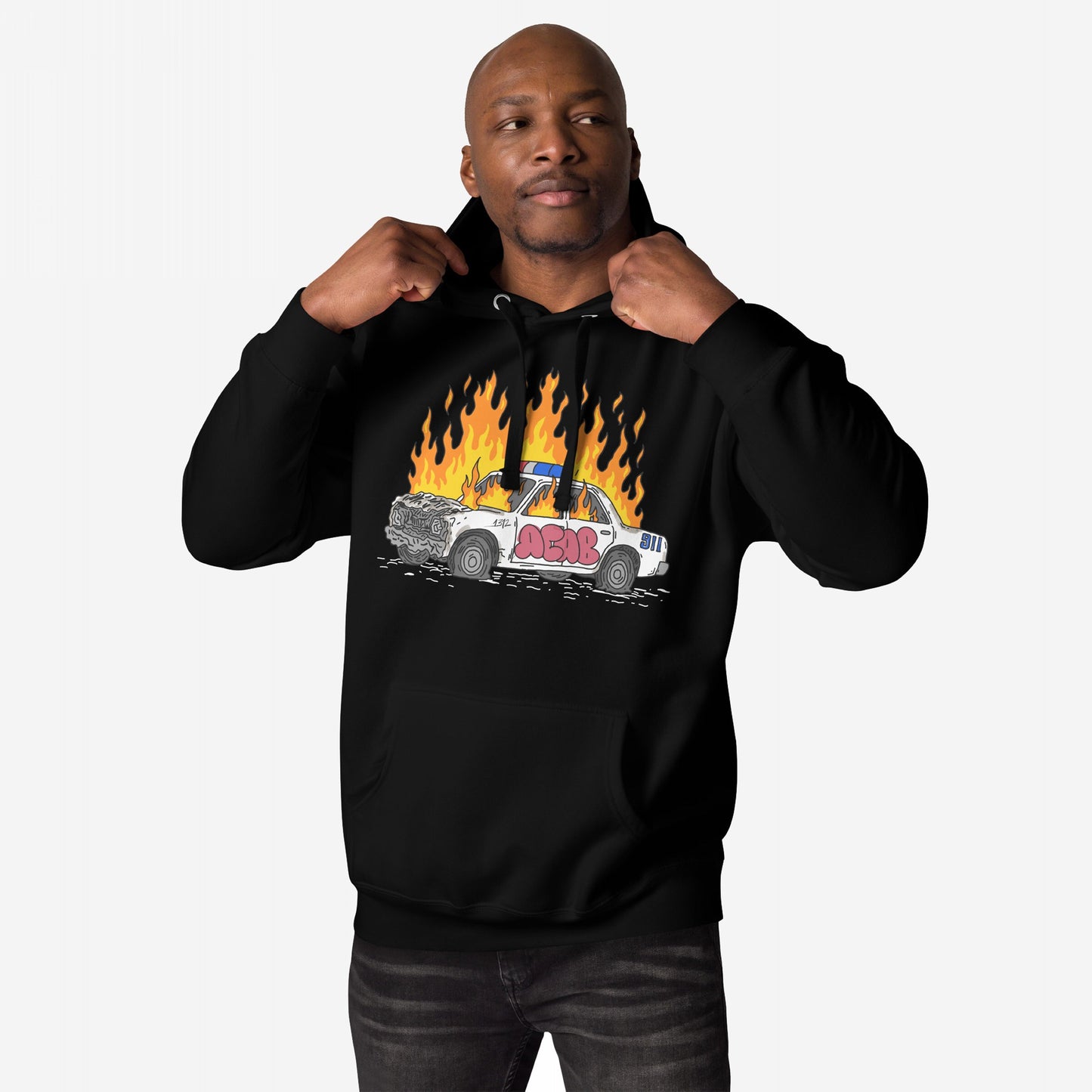 Model wearing ACAB Police Car Hoodie, featuring a flaming police car with graffiti, symbolizing rebellion and resistance. The crumpled car and bold graphics express raw punk energy and defiance.