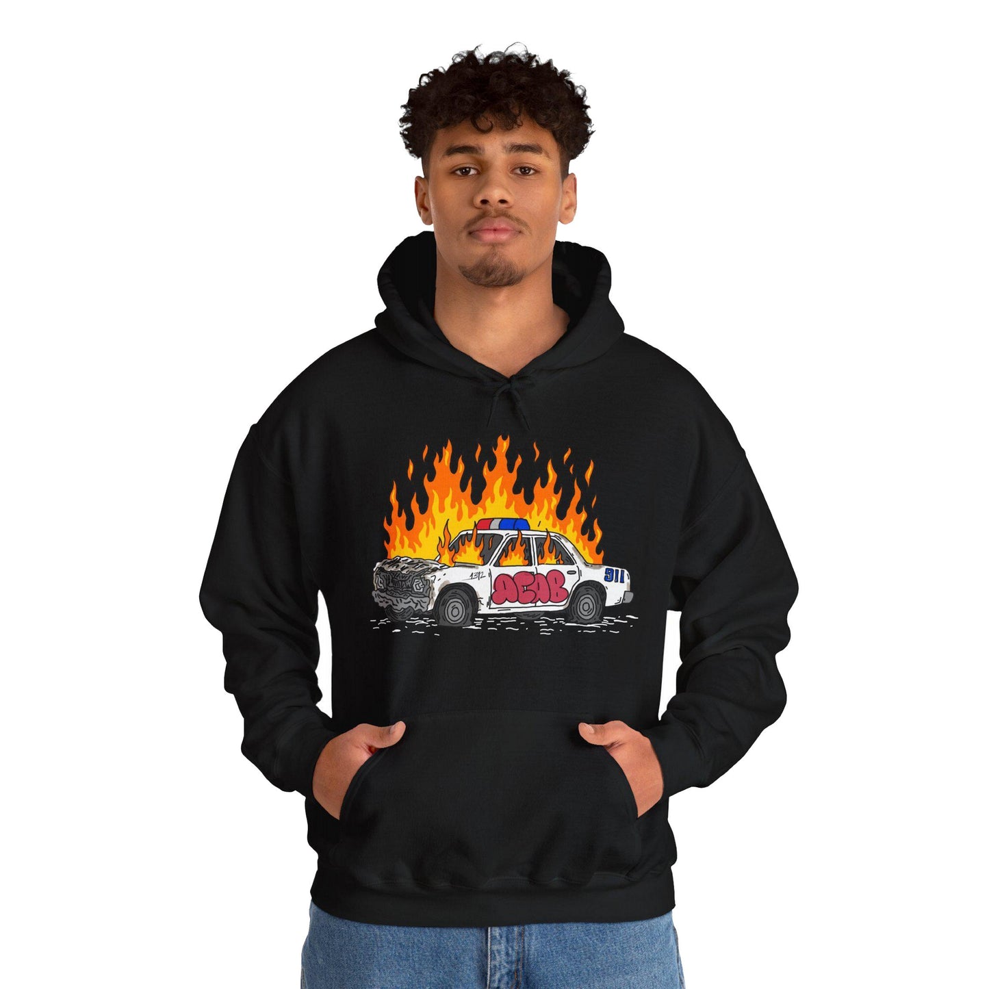 Model wearing ACAB Police Car Hoodie, featuring a flaming police car with graffiti, symbolizing rebellion and resistance. The crumpled car and bold graphics express raw punk energy and defiance.