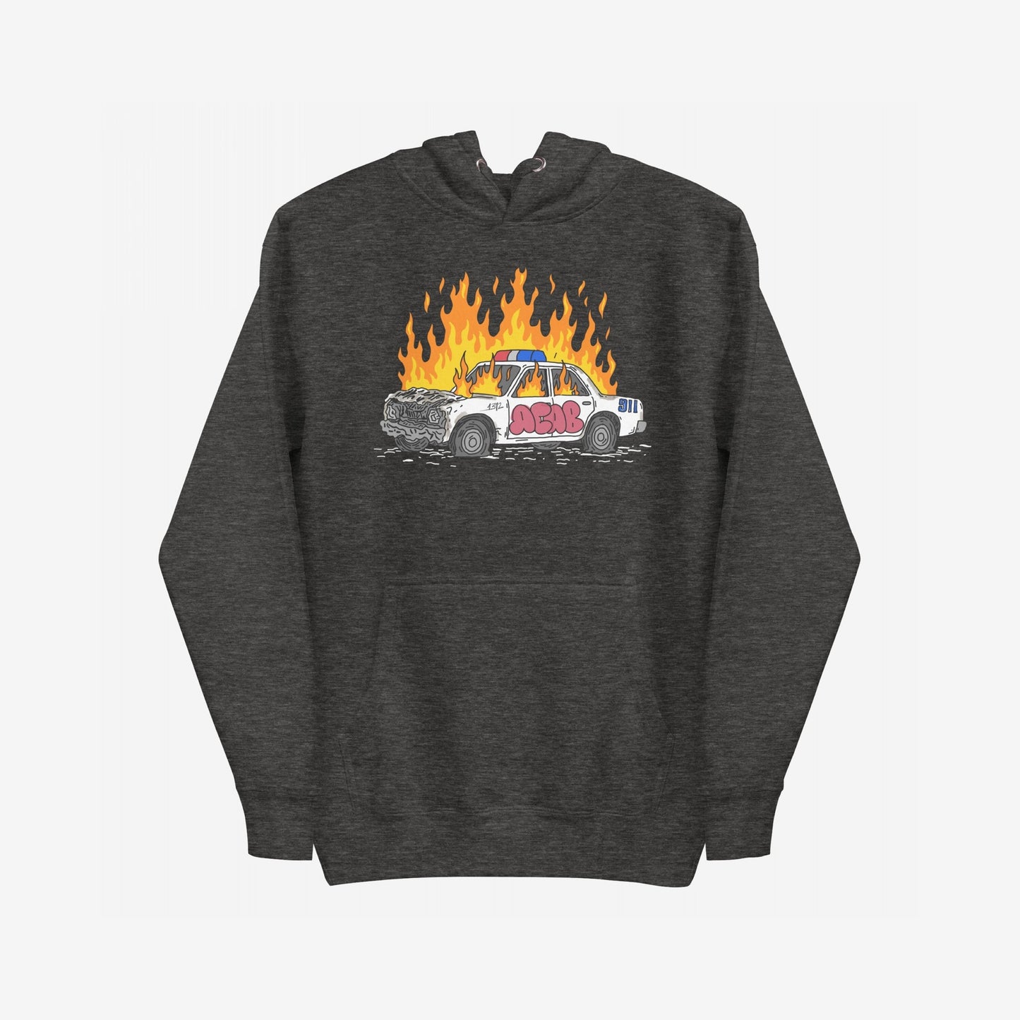 ACAB Police Car Hoodie features a cartoon police cruiser in flames, with 1312 and ACAB graffiti. This pullover embodies raw punk energy and visible resistance against authority.