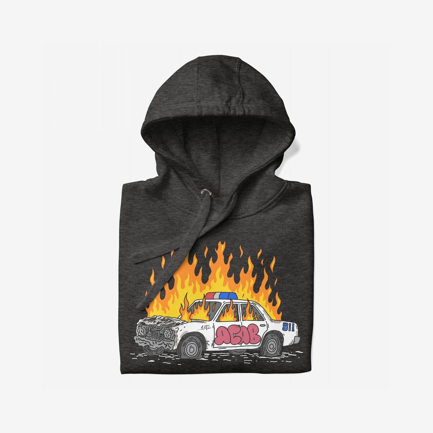 ACAB Police Car Hoodie & Sweatshirt features a stylized burning police sedan with ACAB graffiti, exuding punk energy and defiance, perfect for those embracing visible resistance and bold statements.