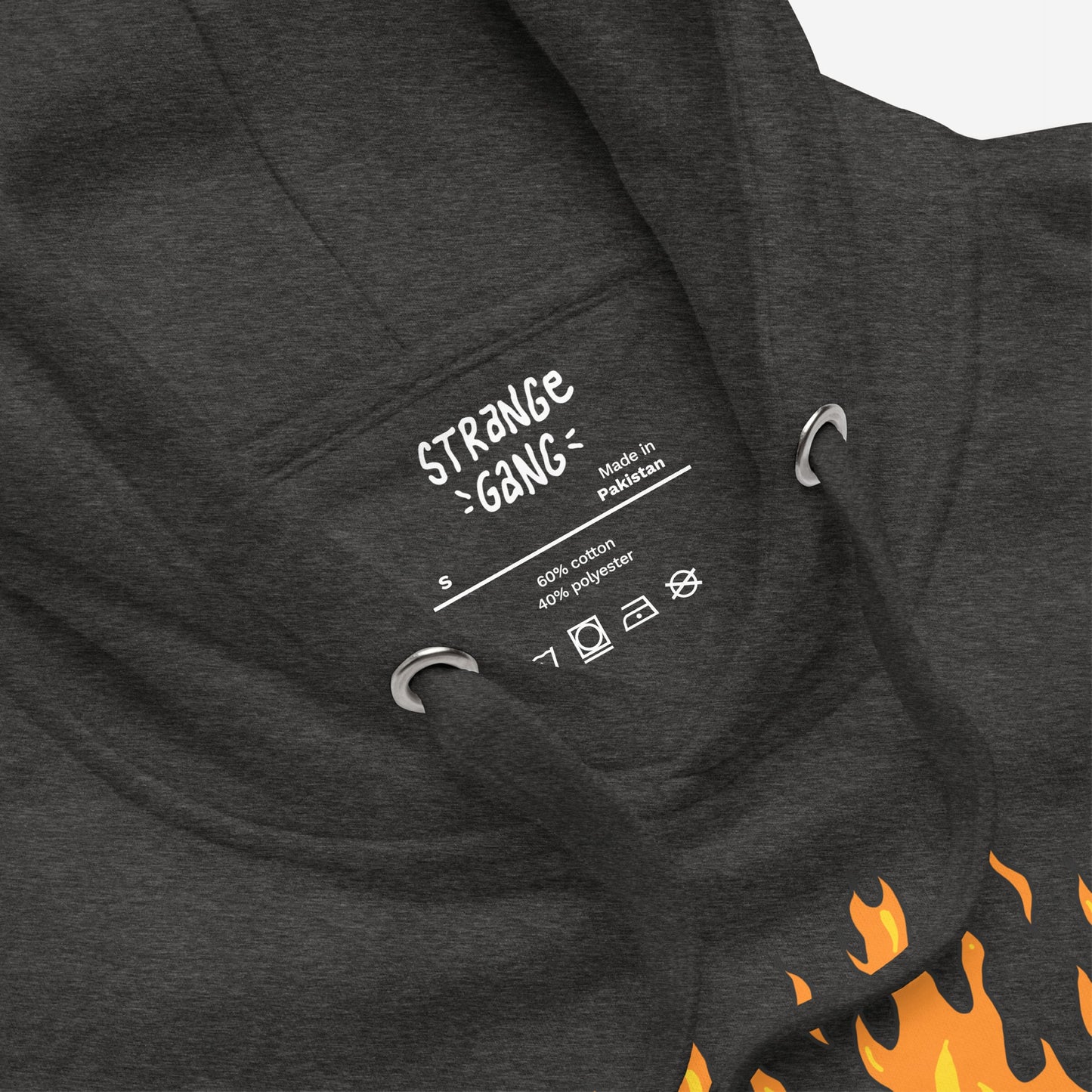ACAB Police Car Hoodie features a dark charcoal-gray design with metal grommets and a flame graphic near the hem, showcasing rebellious police cruiser graffiti, embodying punk energy and resistance.
