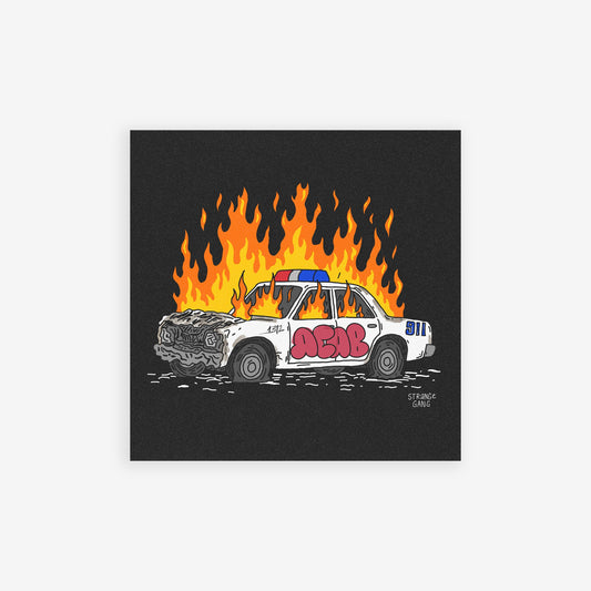 ACAB Police Car Sticker & Magnet: Illustration of a flaming, vandalized police cruiser with graffiti, symbolizing resistance against authority. Available as a weatherproof sticker or magnet for bold political expression.