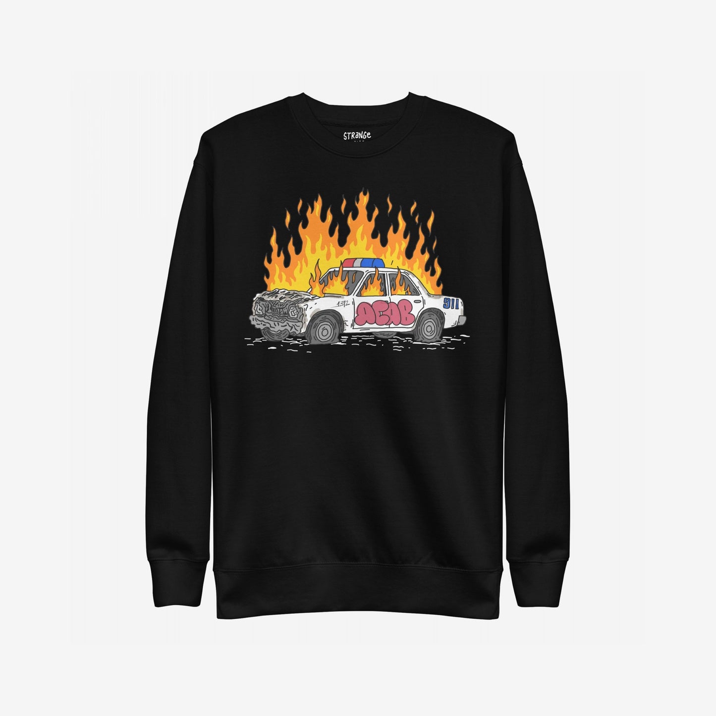 ACAB Police Car Hoodie & Sweatshirt features a fiery, graffiti-tagged police cruiser illustration exuding punk defiance, perfect for those who embrace rebellion and advocate for justice.