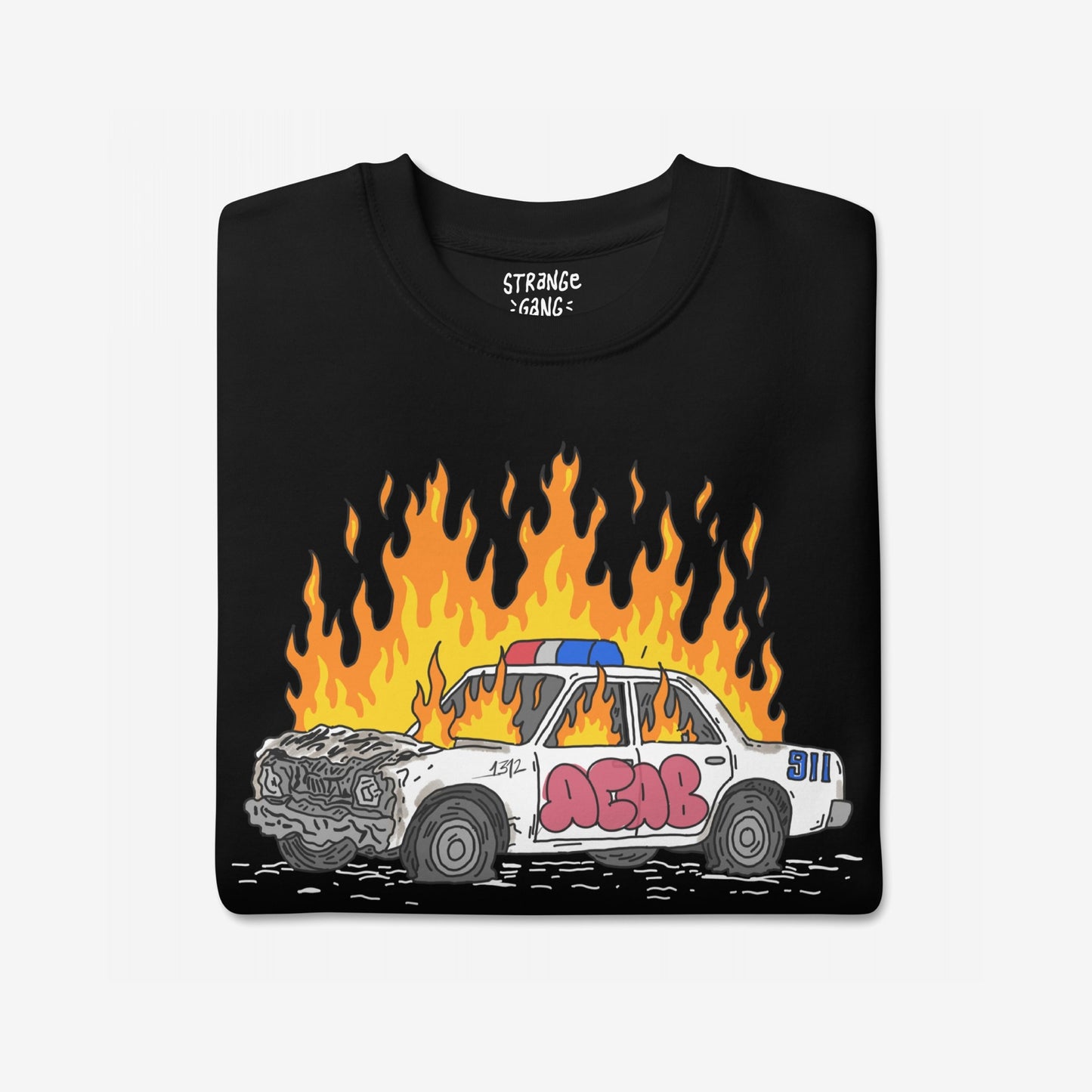 ACAB Police Car Hoodie & Sweatshirt features a cartoonish police cruiser in flames, with graffiti 1312 and DEAD, embodying punk resistance and rebellion against authority.