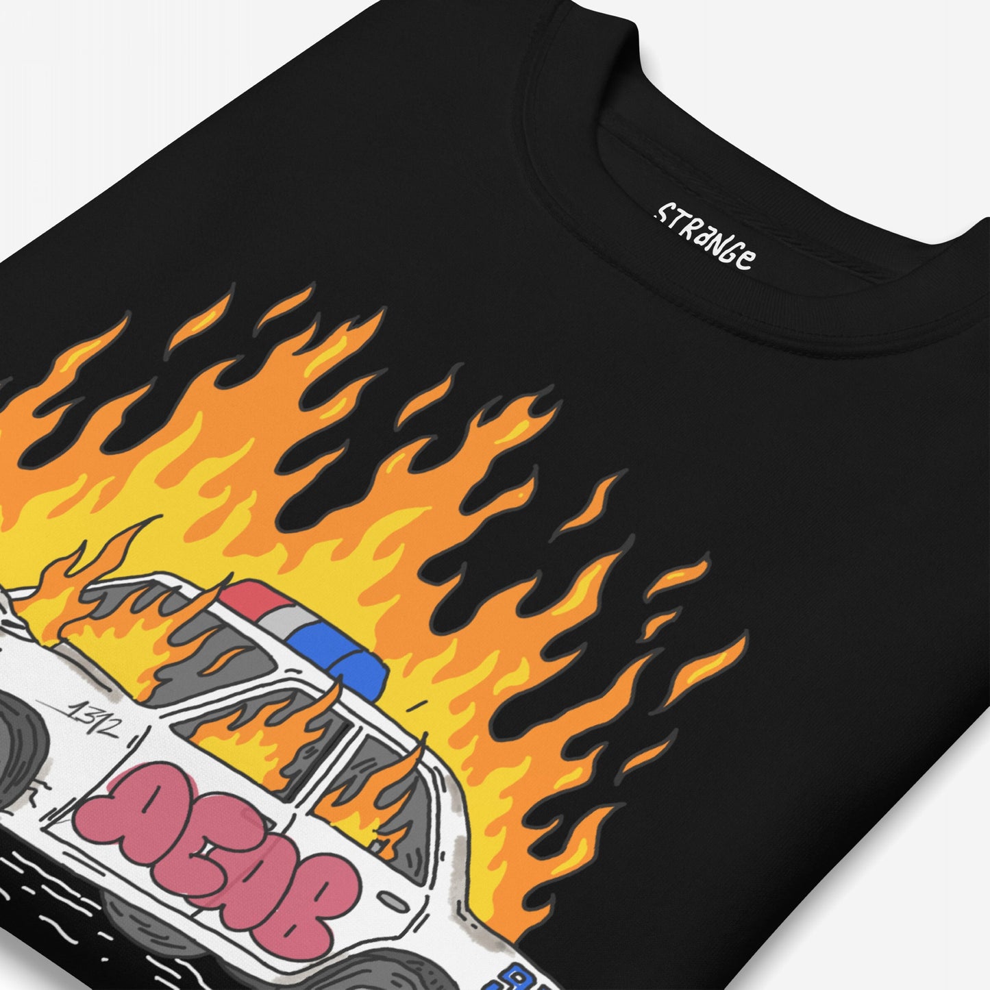 ACAB Police Car Hoodie & Sweatshirt featuring a bold graphic of a police cruiser in flames with graffiti-style lettering, capturing a rebellious, punk-inspired street-art aesthetic.
