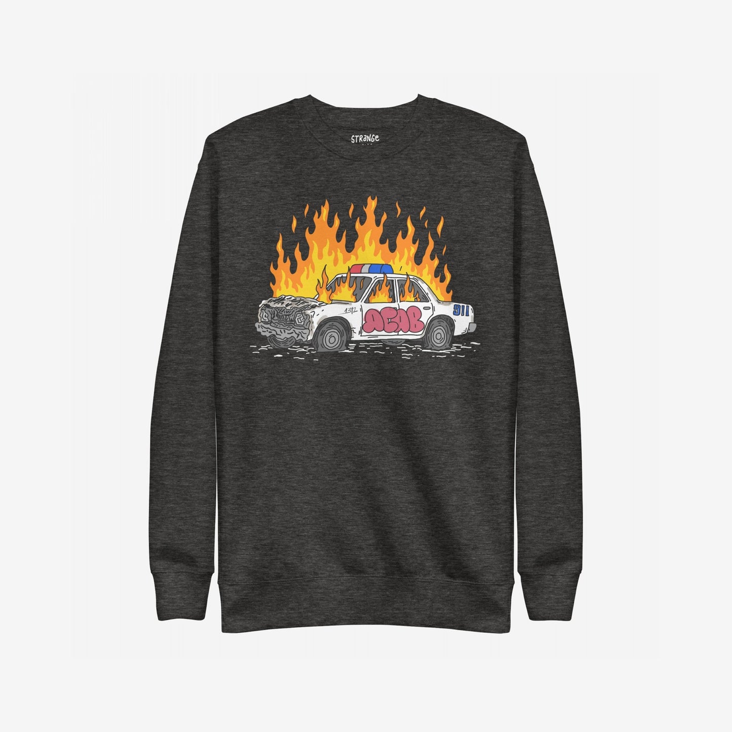 ACAB Police Car Hoodie & Sweatshirt features a bold illustration of a flaming, graffiti-tagged police car, embodying punk rebellion and defiance, ideal for expressing resistance and individuality.