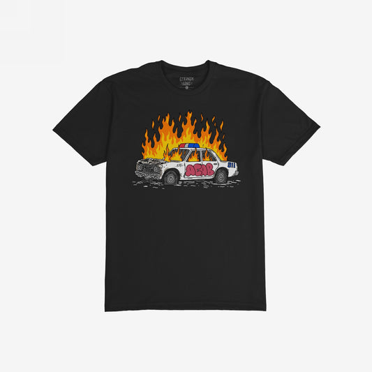 Black ACAB Police Car Shirt with a burning hand-drawn police car graphic and graffiti tag 1312 on front.