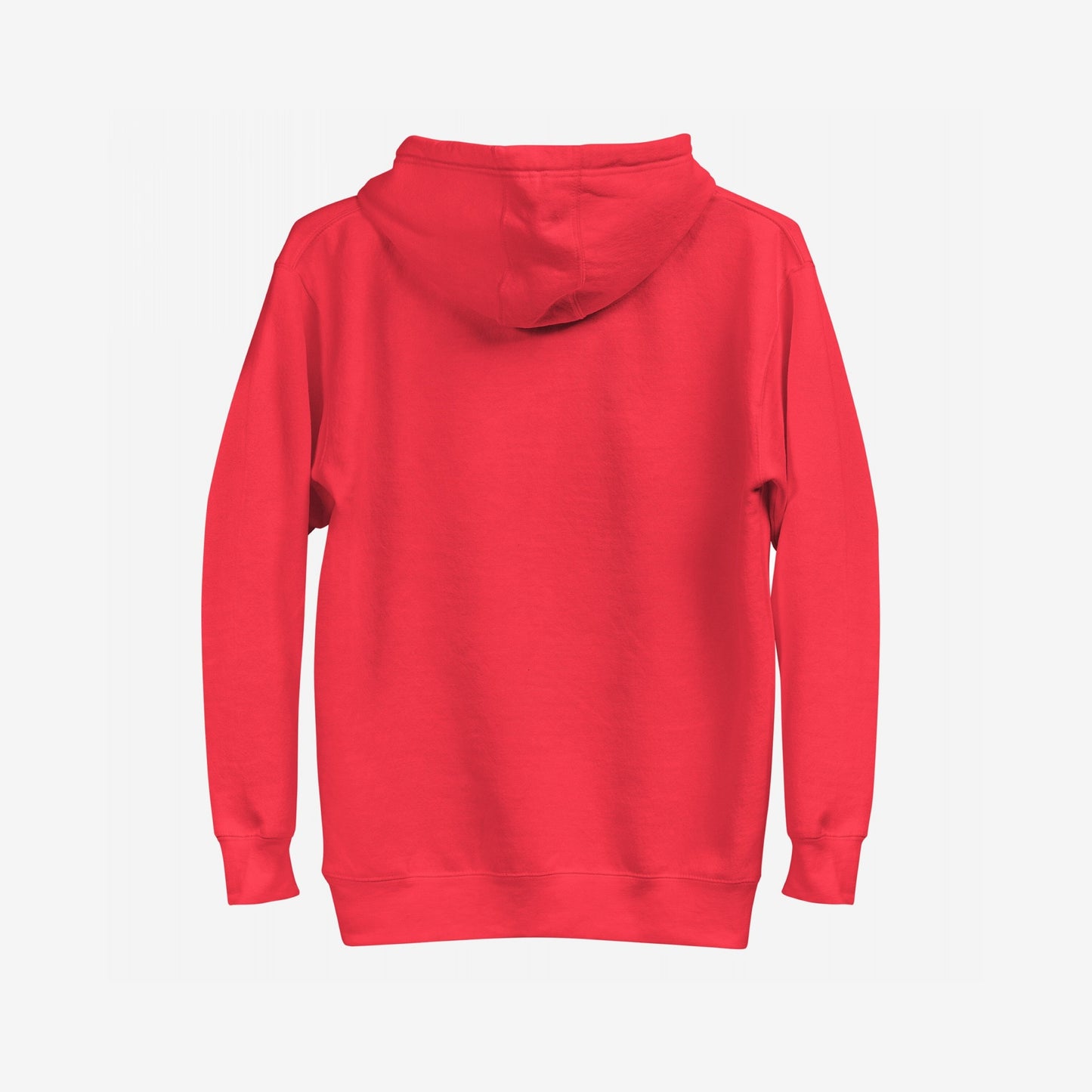 Back view of the Addicted To Love / Drugs Hoodie, showcasing its plain red design with ribbed cuffs and hem. This piece reflects personal struggle and self-awareness, embodying a bold, unapologetic street style.