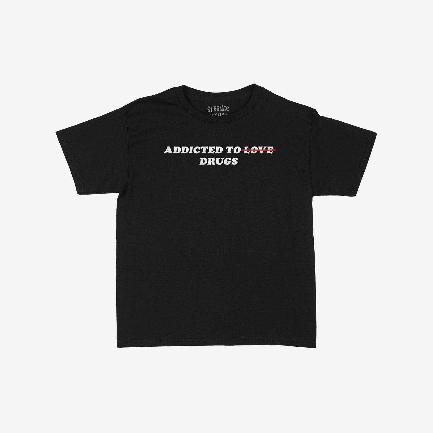 Addicted To Love / Drugs Women's Baby Tee: A cropped black tee with a bold slogan, humorously striking out LOVE for DRUGS in red, reflecting authenticity and individuality.