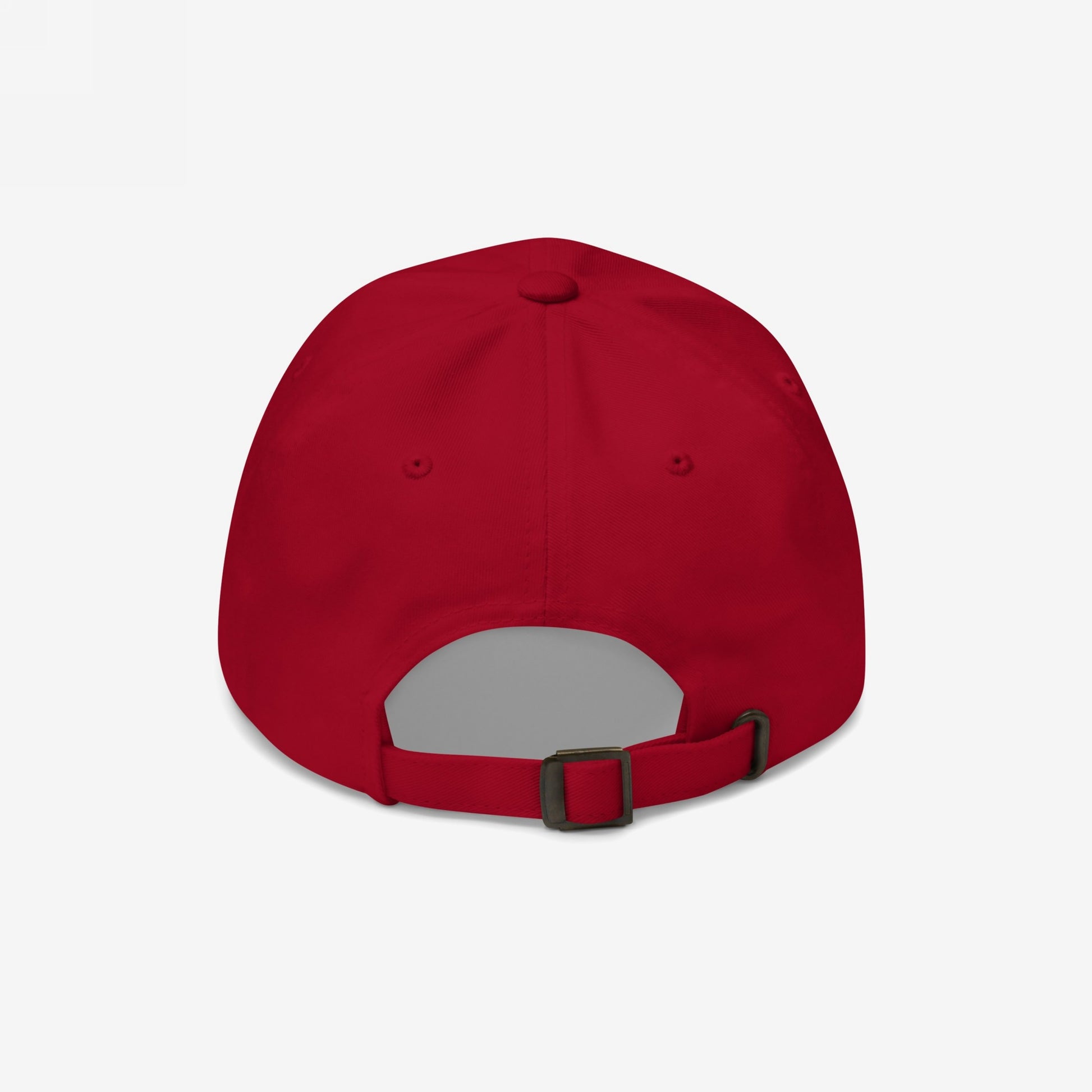 Back view of the Adulting Sucks Hat featuring an adjustable fabric strap with metal clasp, two visible ventilation eyelets, and a top button, embodying a vintage, relatable style.