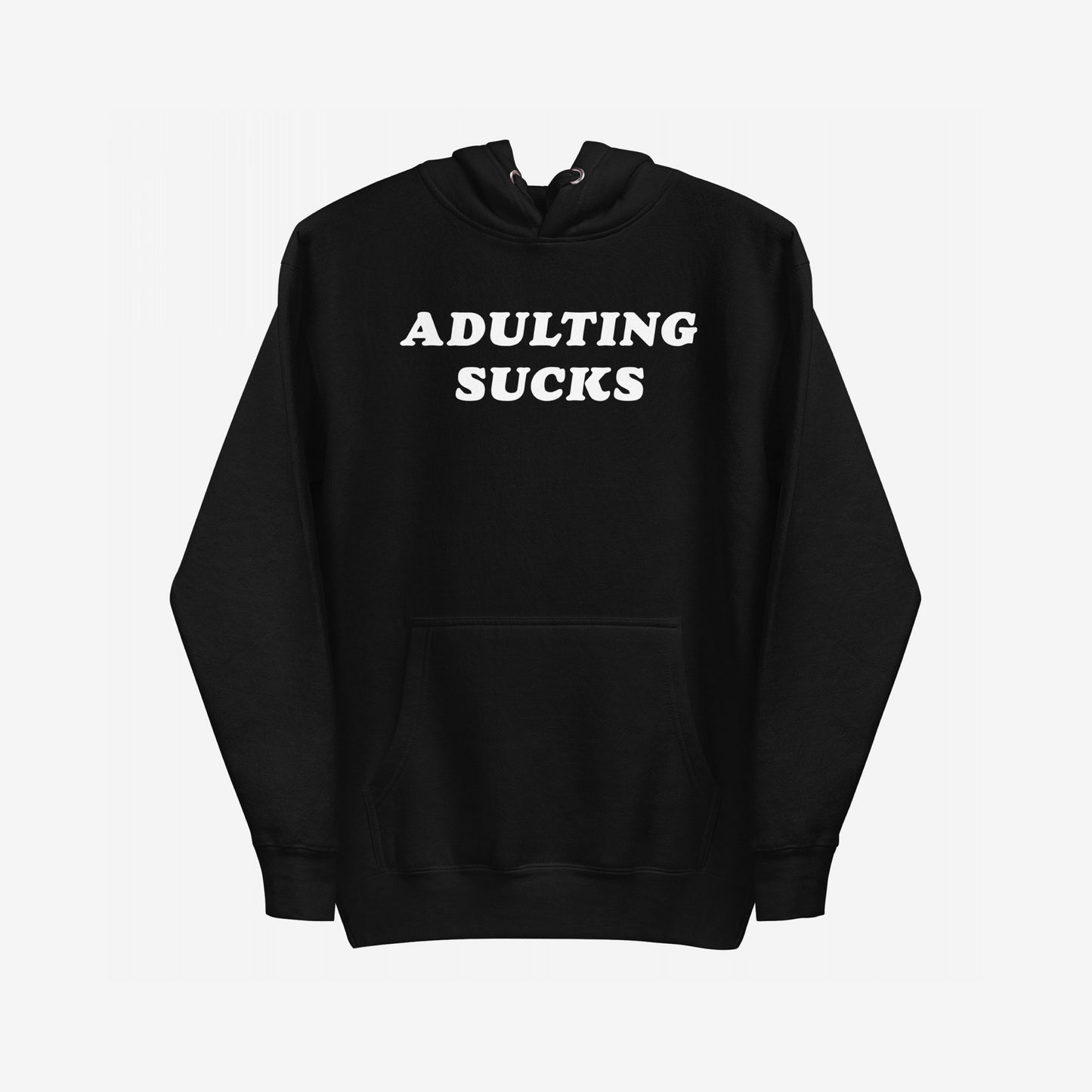 Adulting Sucks Hoodie & Sweatshirt features bold white text on a black hoodie with drawstring hood and kangaroo pocket, embodying humor and relatable adulting struggles with retro flair.
