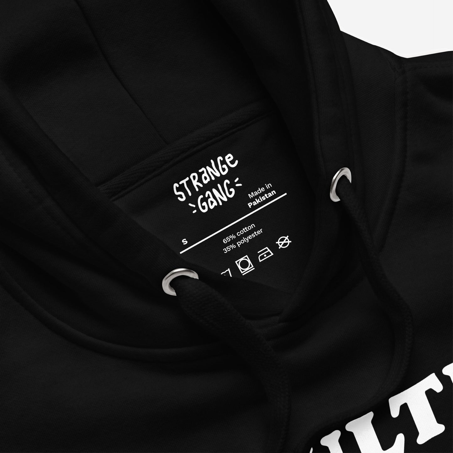 Adulting Sucks Hoodie & Sweatshirt close-up showing the neck label with size “S” and fabric details. Features black drawcord with silver eyelets and part of a white “Adulting Sucks” graphic.