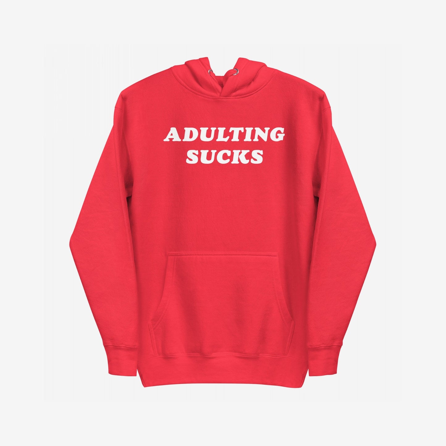 Adulting Sucks Hoodie & Sweatshirt features bold white text stating “ADULTING SUCKS.” on a cozy, retro-style fleece, combining humor with comfort for those navigating life's challenges.