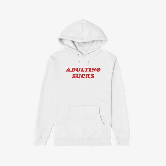 Product title: Adulting Sucks Hoodie & Sweatshirt. Description: A plain hoodie boldly stating ADULTING SUCKS in red text across the chest, reflecting the humor and honesty of grown-up challenges. Perfect for adding humor to everyday struggles.