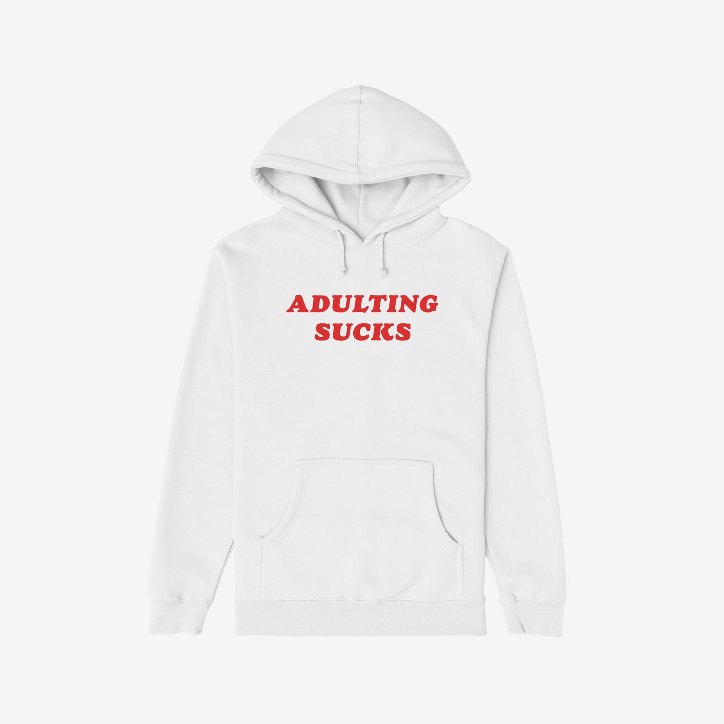 White hoodie featuring bold red ADULTING SUCKS print, perfect for expressing humor and relatable sentiments. Ideal for casual comfort and self-expression, supporting NAMI. Available in various styles.
