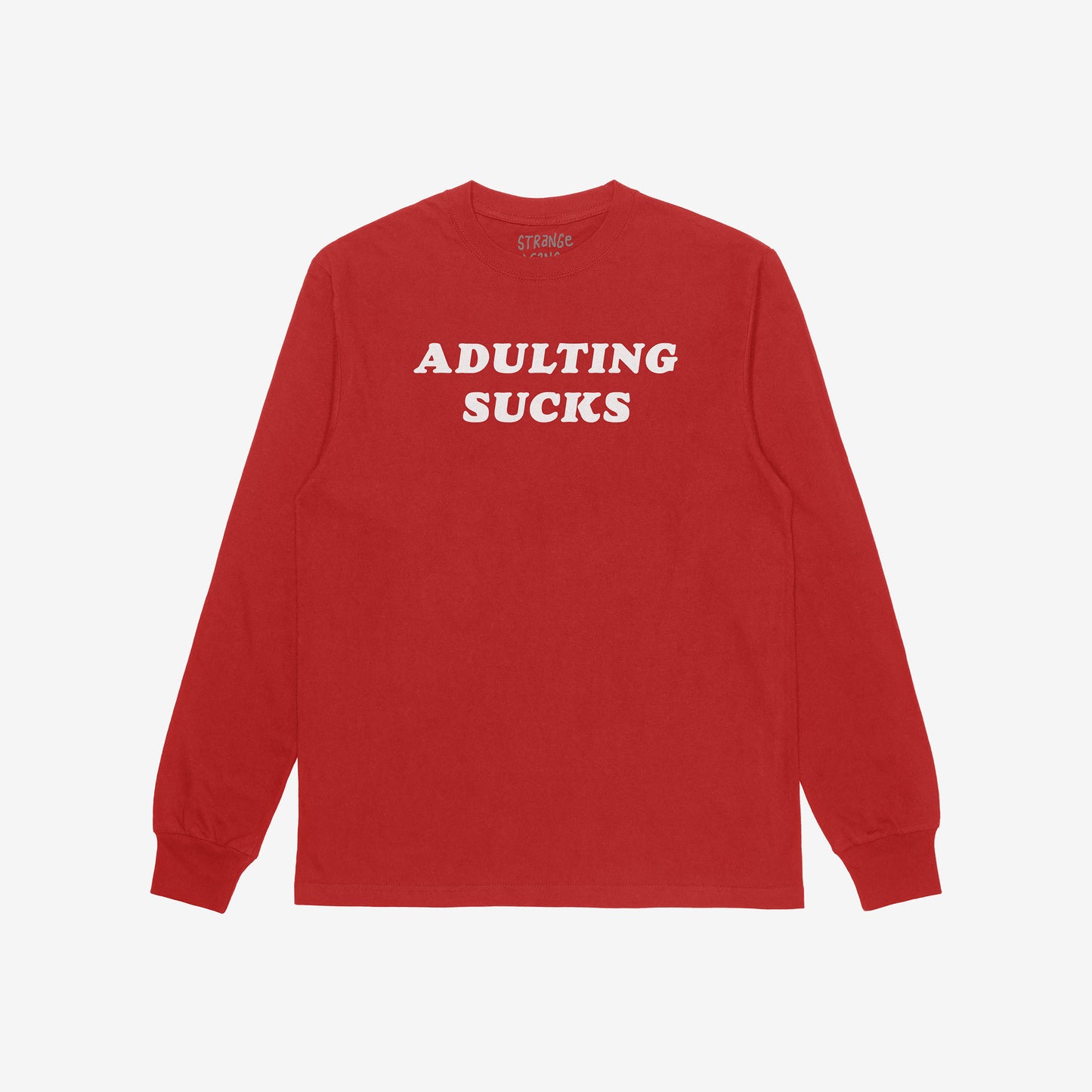 Red long-sleeve Adulting Sucks Shirt with bold white letters on chest, humorously highlighting the struggles of adult life, perfect for casual wear and self-expression. Supports NAMI through proceeds.
