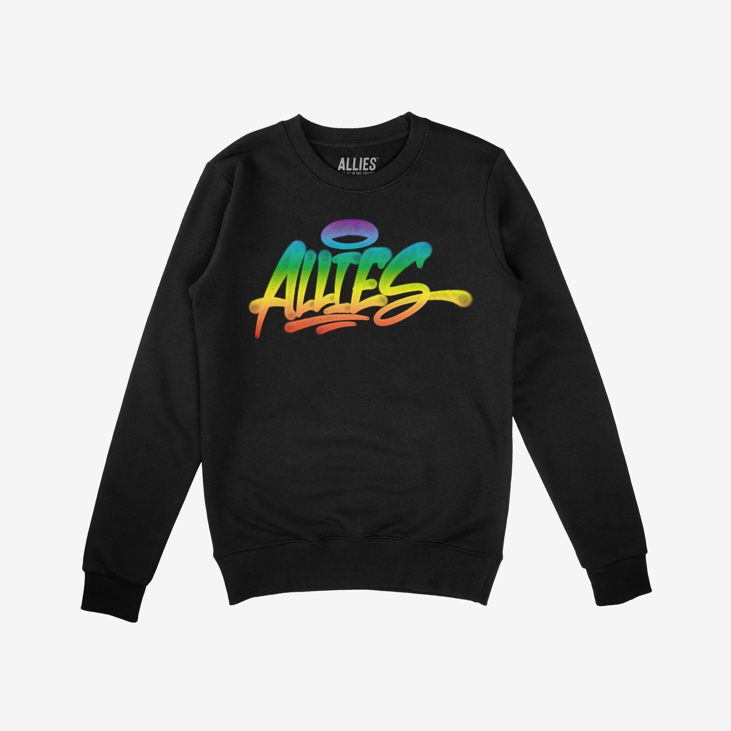 Black crewneck sweatshirt titled Allies Rainbow Handstyle Hoodie & Sweatshirt, featuring the word “ALLIES” in bold, rainbow-hued graffiti style with a halo, representing allyship and support for the LGBTQ+ community.