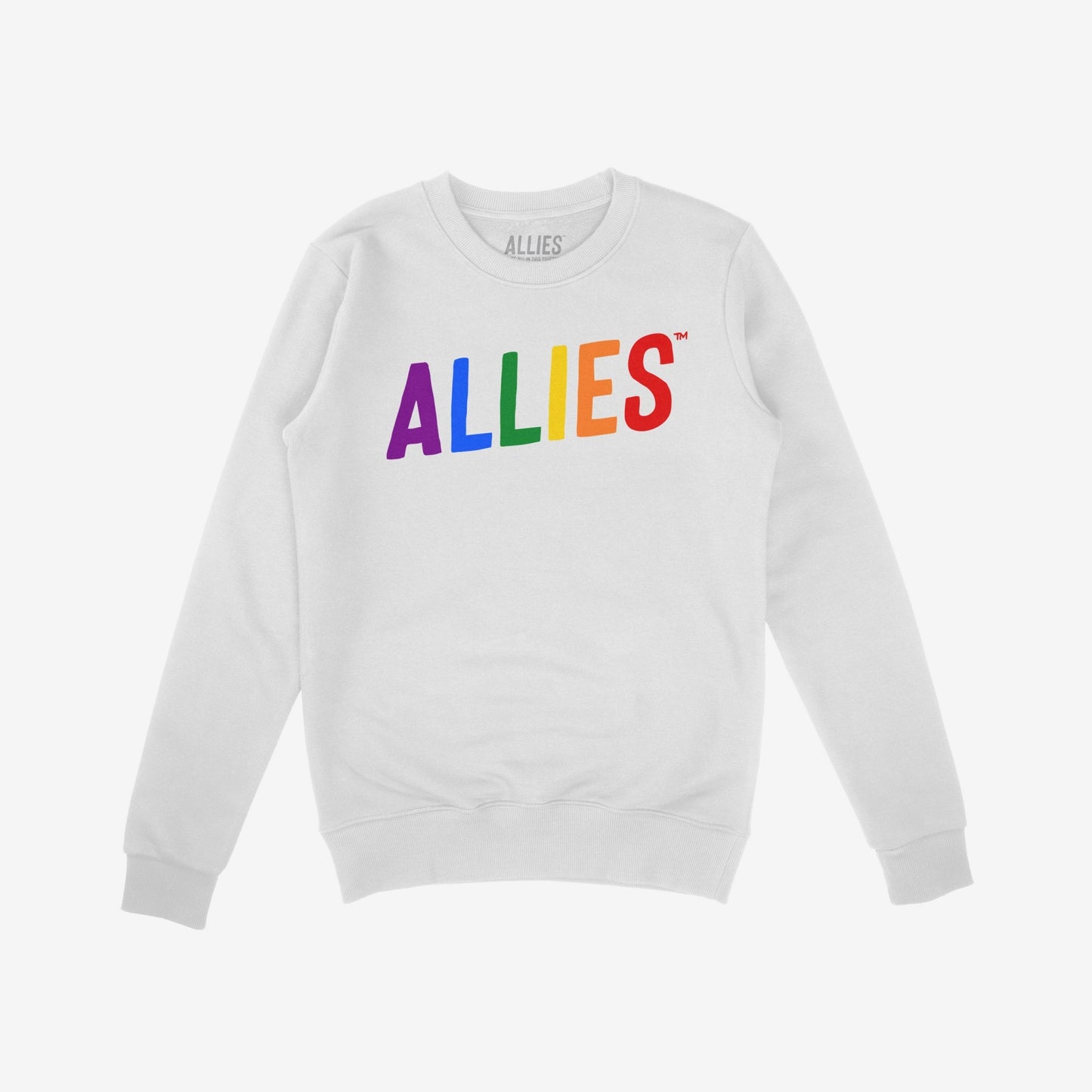 The Allies Rainbow Hoodie & Sweatshirt features a white, long-sleeve crewneck with ALLIES in rainbow letters, symbolizing pride and solidarity, reinforcing support for the LGBTQ+ community.