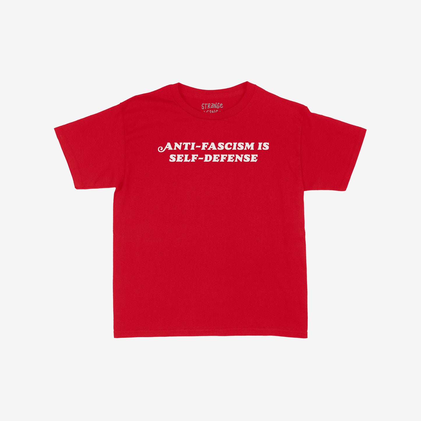 Anti-Fascism Is Self-Defense Women's Baby Tee with bold white text on red cotton. Retro-inspired design promotes standing up for beliefs. Brand name subtly visible at the back.