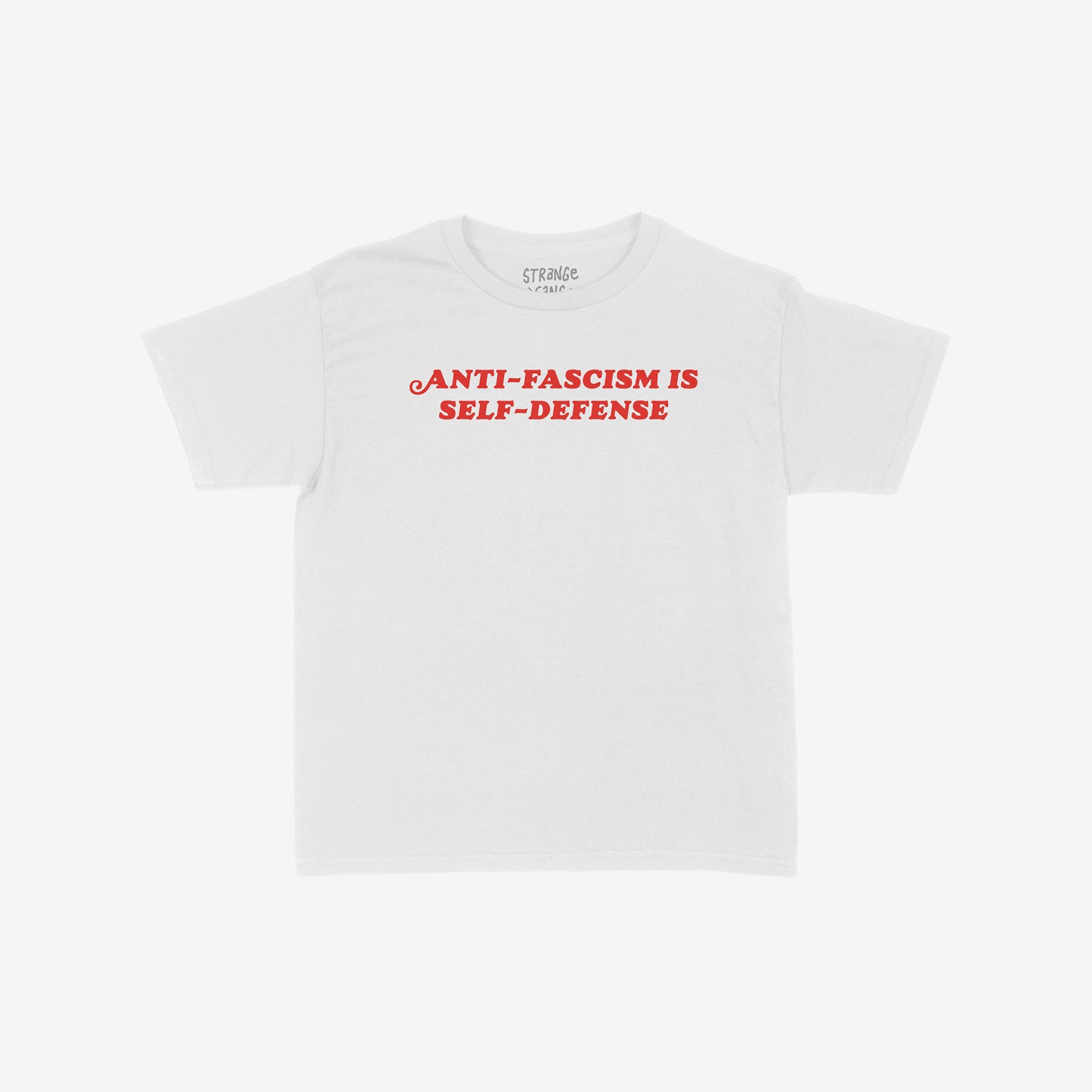 Anti-Fascism Is Self-Defense Women's Baby Tee featuring bold red slogan on a plain white shirt, embodying a direct stance against fascism with retro-inspired typography. Ideal for making a strong statement.