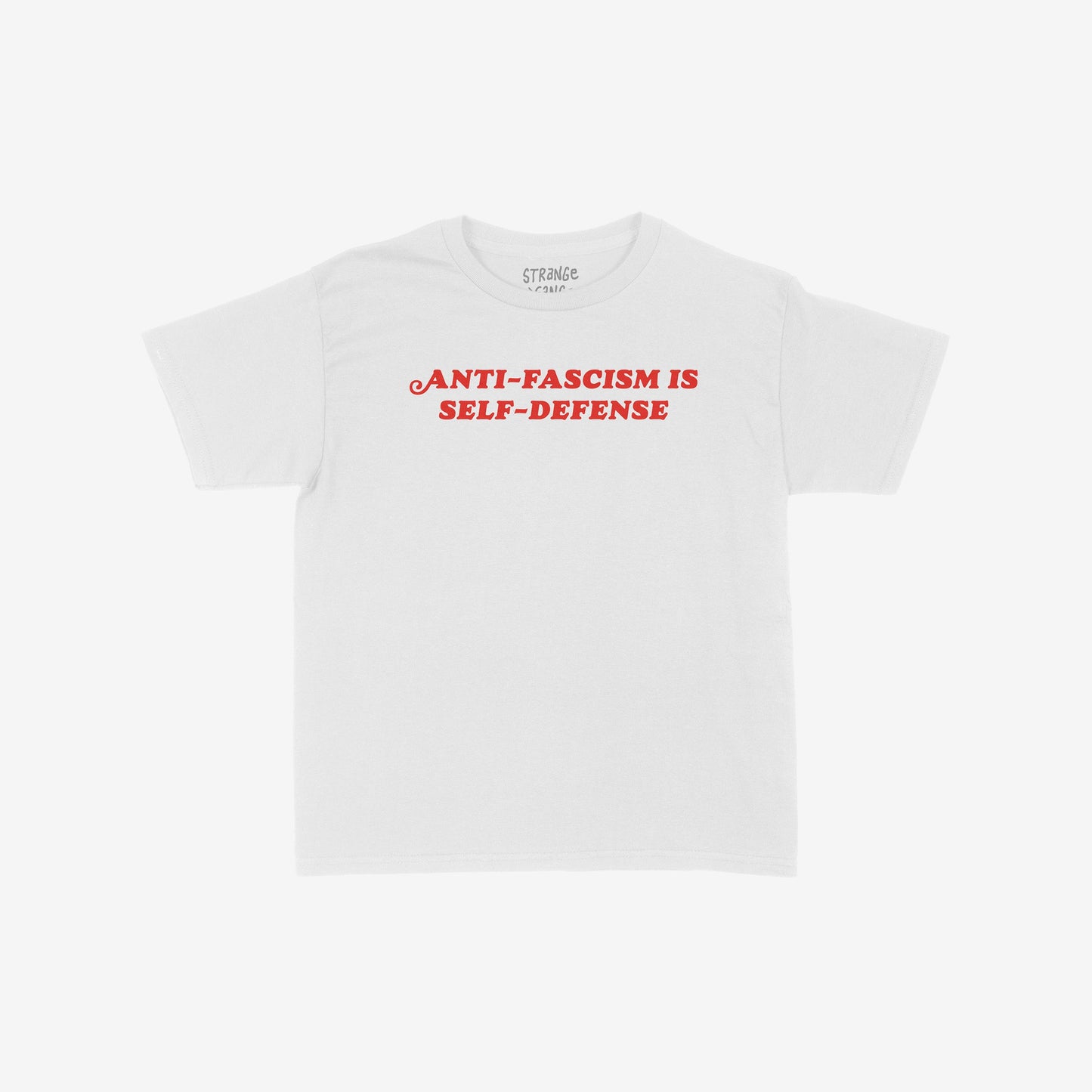 Anti-Fascism Is Self-Defense T-shirt with bold red vintage lettering across the chest, conveying a powerful message of resistance and equality. Available in various fits and sizes for all.