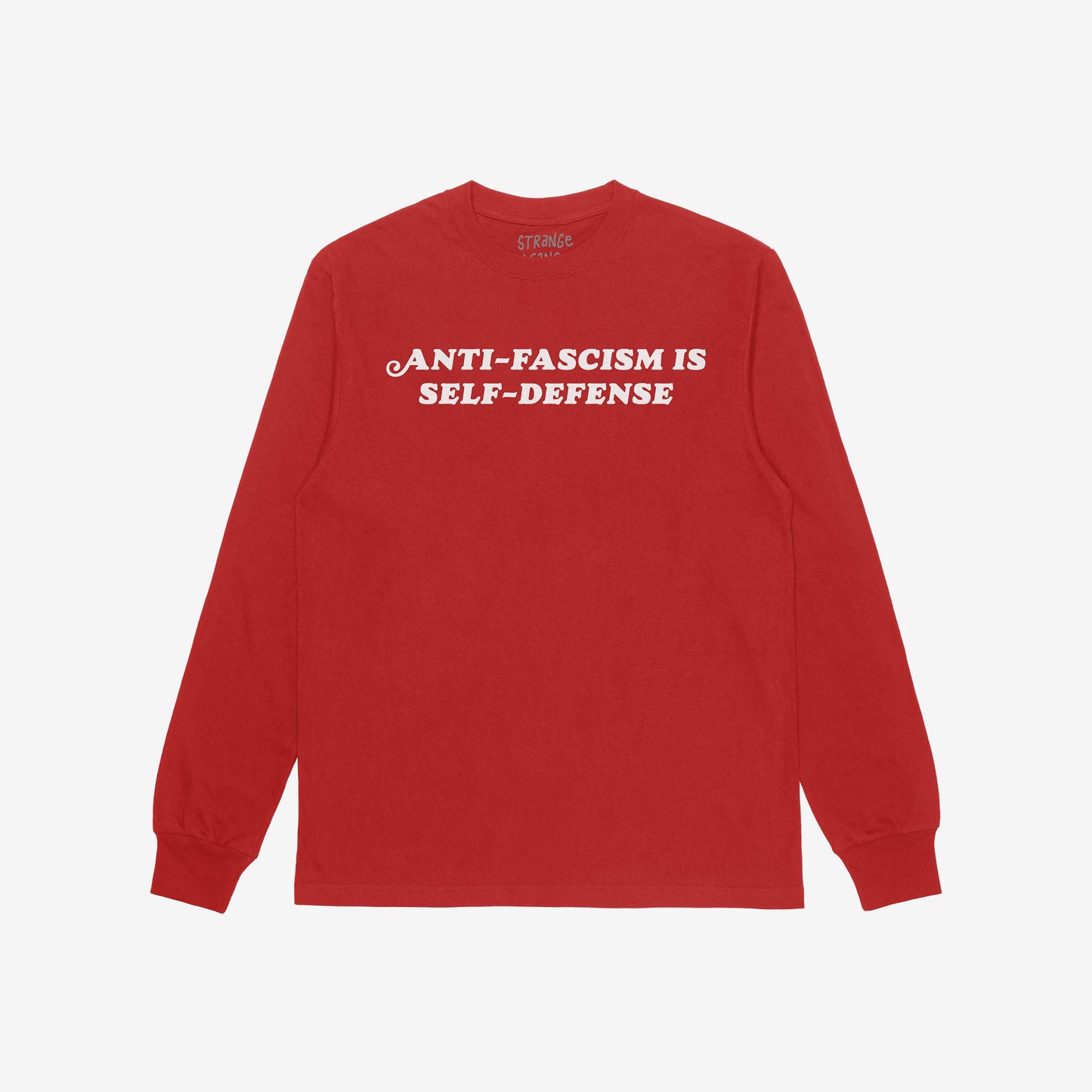 Red long-sleeve Anti-Fascism Is Self-Defense T-shirt with bold white block letters across the chest, conveying a powerful message of resistance and equality. Perfect for those committed to activism and social justice.