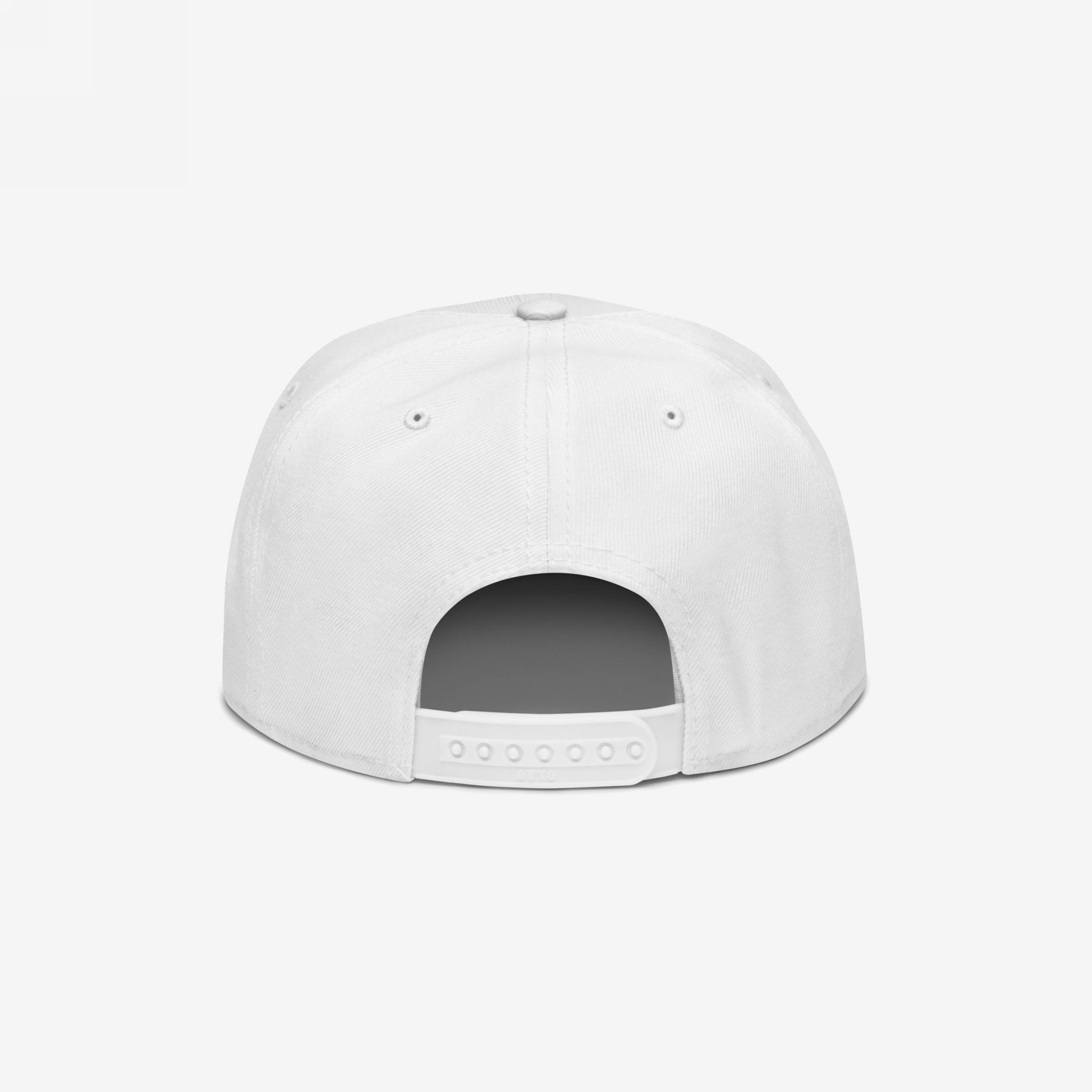 Back view of the Anti-Fascism Is Self-Defense Hat, highlighting its white snap-back design with adjustable plastic strap closure, embodying a bold activist statement against fascism.