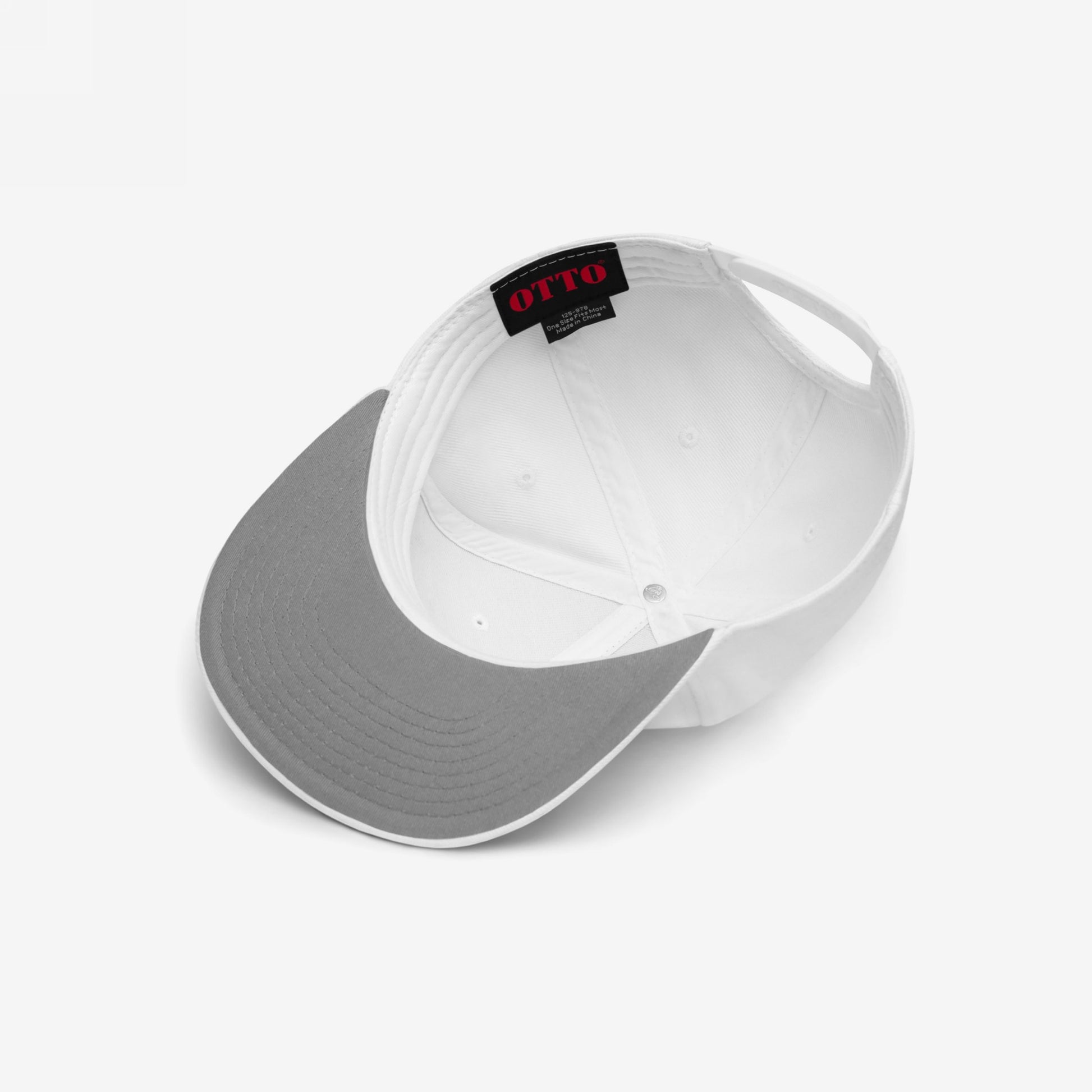 Inside view of the Anti-Fascism Is Self-Defense hat featuring a white crown, gray underside brim, and snapback closure. Embody activism with this bold statement piece by OTTO, perfect for rallies.
