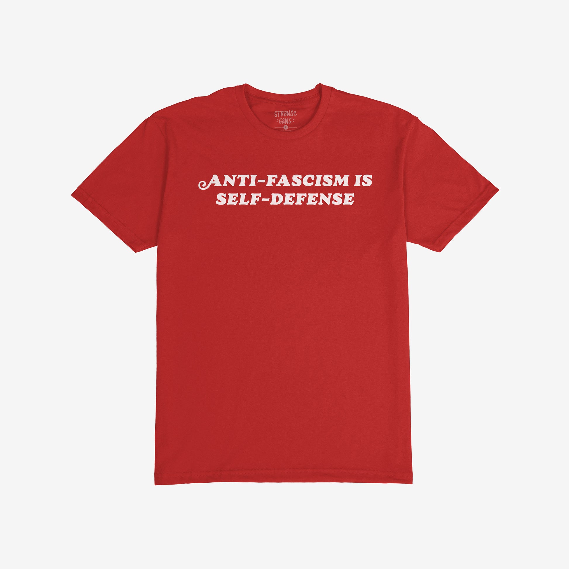 Anti Fascism Is Self Defense Shirt with white block text on red, conveying a powerful message of activism and resistance. The collar features a small label, supporting ACLU.