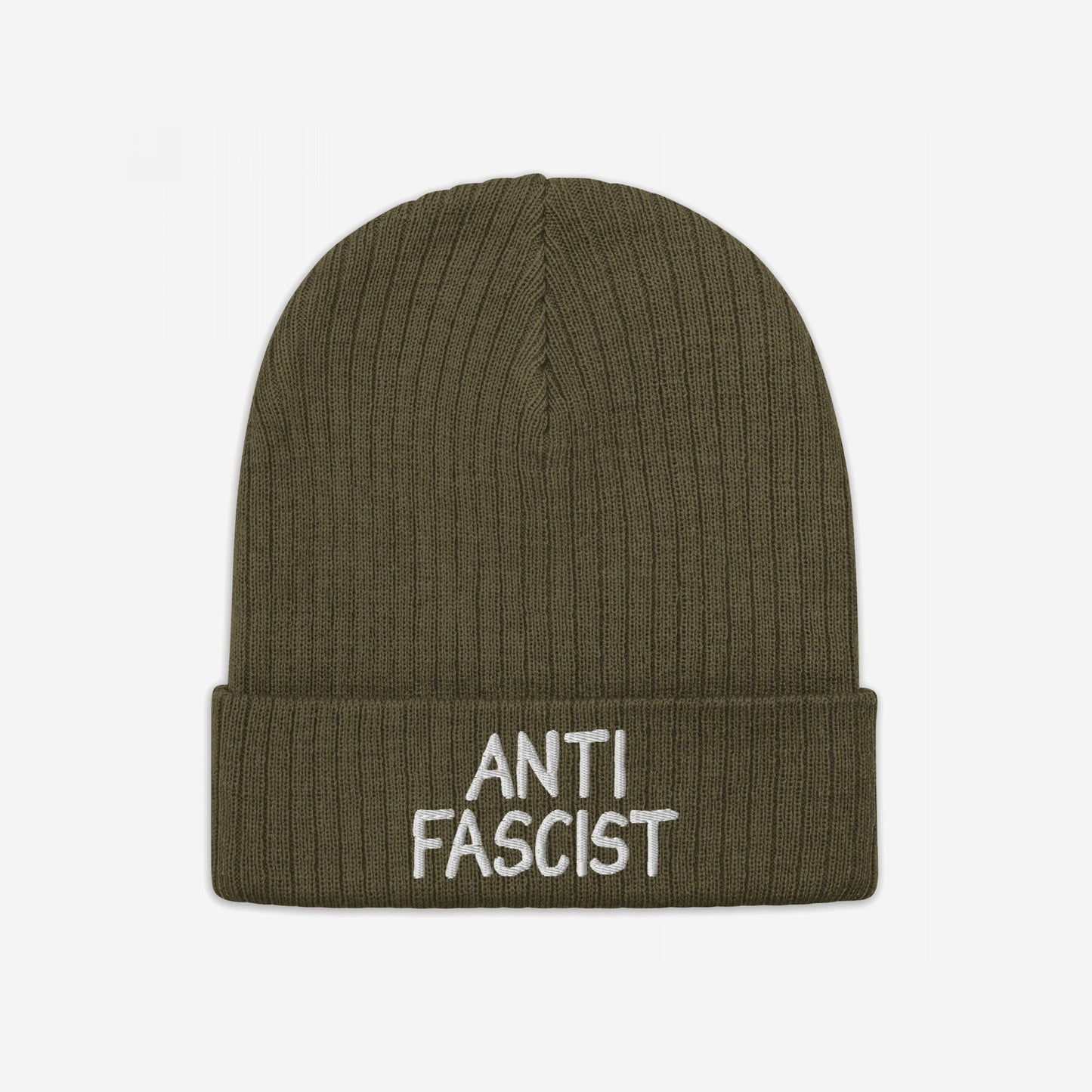 Olive-green ribbed knit beanie with ANTI FASCIST in white embroidery on the cuff, embodying a protest piece ethos; ethically made, gender-free, stylishly defiant, benefiting Amnesty International.