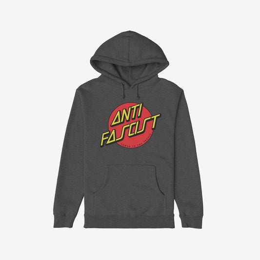 Dark-gray pullover hoodie featuring ANTI FASCIST in yellow with POWER TO THE PEOPLE underneath, symbolizing resistance against oppression. The Anti Fascist Shirt is a bold statement for equality and justice.