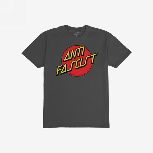 Anti-Fascist T-shirt featuring bold ANTI FASCIST comic-style text over a red circle with Power to the People tagline, embodying skatepark activism energy for resistance and equality.