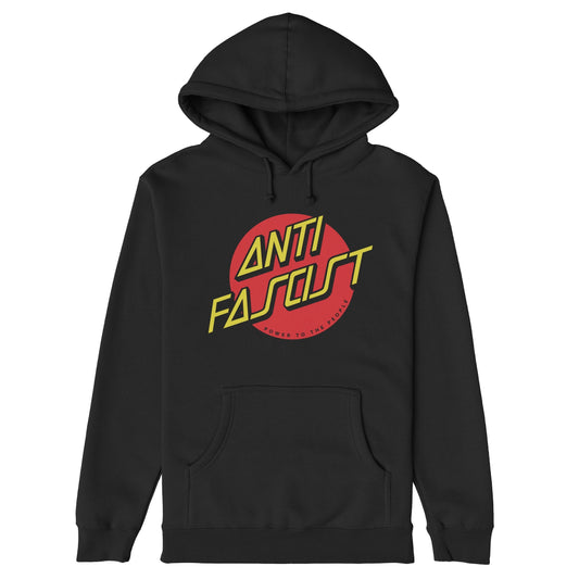 Anti-Fascist Hoodie & Sweatshirt features a bold red circle and angular yellow ANTI FASCIST text, embodying skate-punk aesthetics with a political message, perfect for making a powerful statement.