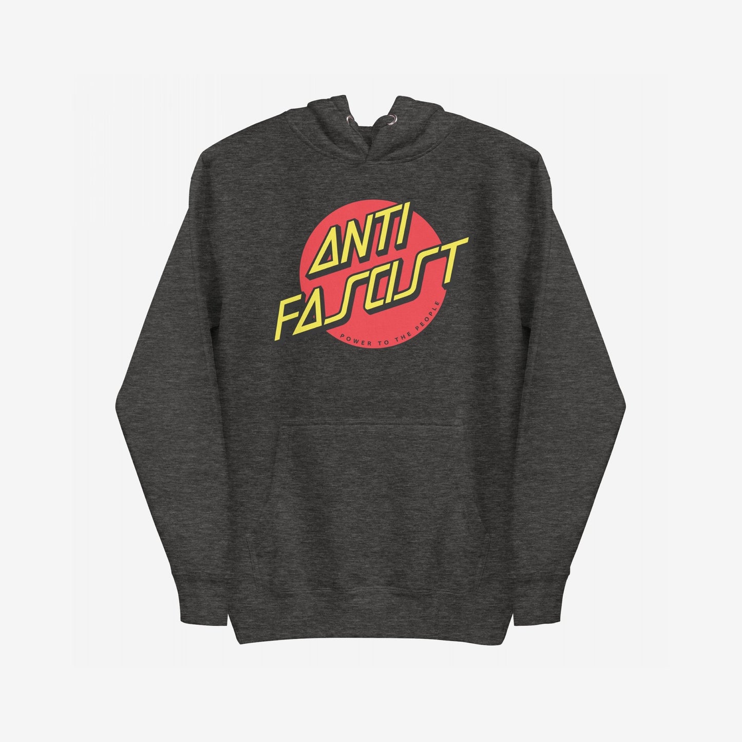 Anti-Fascist Hoodie & Sweatshirt featuring a bold red circle with “ANTI FASCIST” yellow text, embodies skate-punk style, promoting activism and equality with its impactful message.
