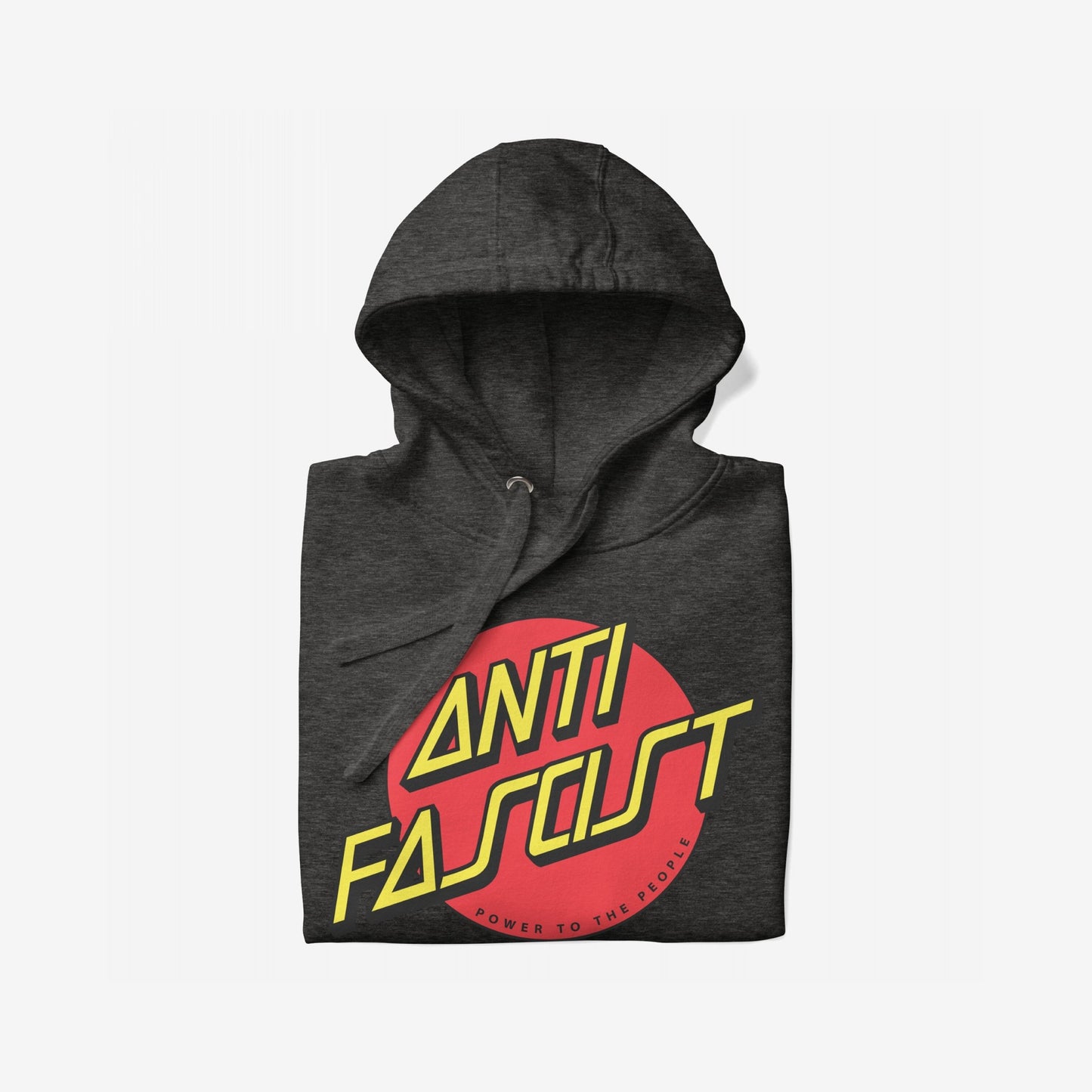 Anti-Fascist Hoodie & Sweatshirt features a dark-gray pullover with a bold red circle and “ANTI FASCIST” in yellow, advocating for equality and resistance against oppression.