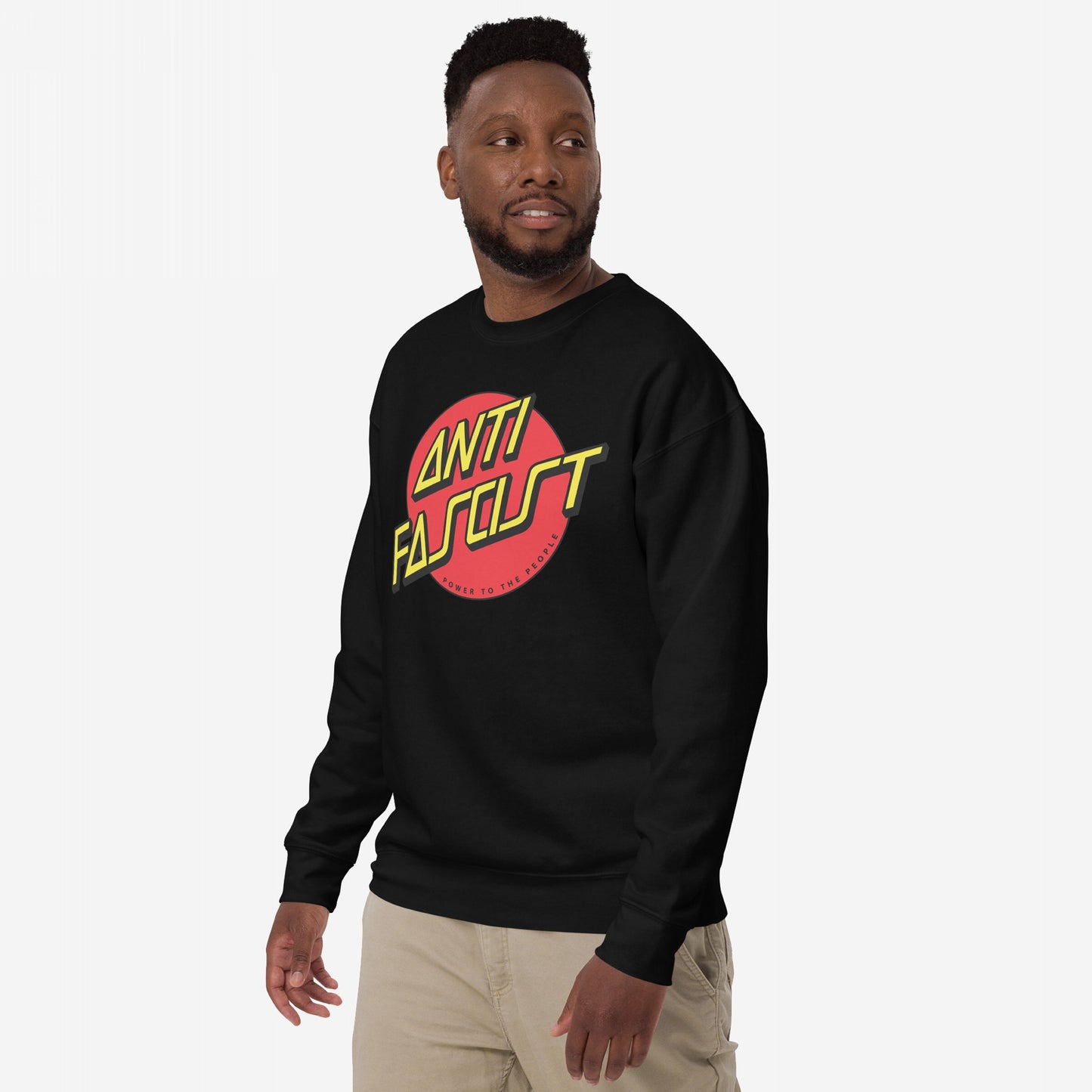 Anti-Fascist Hoodie & Sweatshirt featuring a bold red circle with yellow-outlined ANTI FASCIST text and POWER TO THE PEOPLE slogan, embodying defiant street-punk style against oppression.