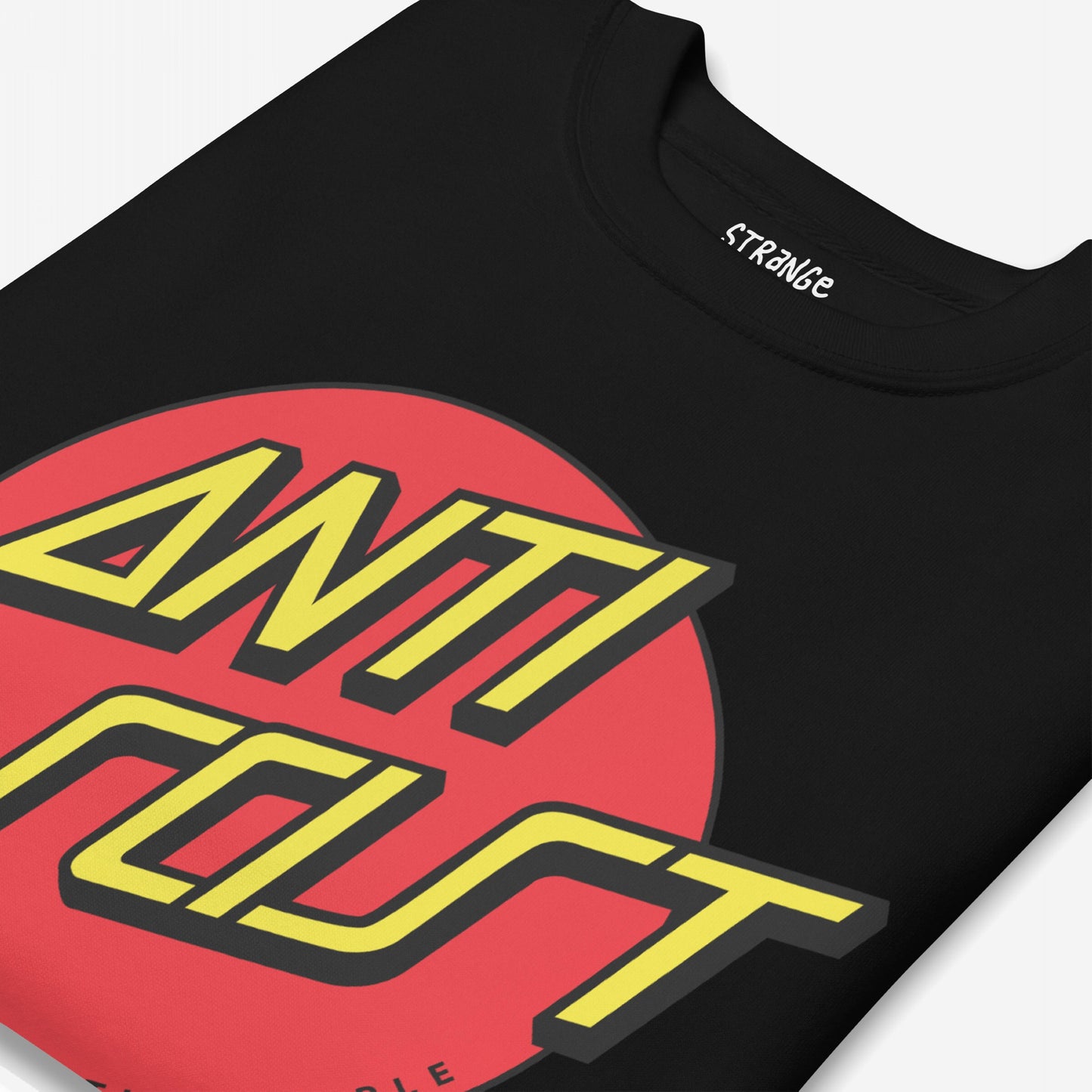 Black crew-neck sweatshirt featuring a bold red circle with 3D yellow ANTI SOCIETY text. The Anti-Fascist Hoodie & Sweatshirt embodies skate-punk style and a strong anti-fascist message.