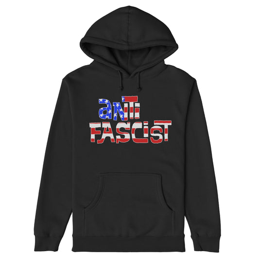 Anti-Fascist USA Hoodie & Sweatshirt featuring a bold anti FASCIST graphic. The design uses stars and stripes to symbolize reclaiming patriotism, aligning with values of resistance and equality.