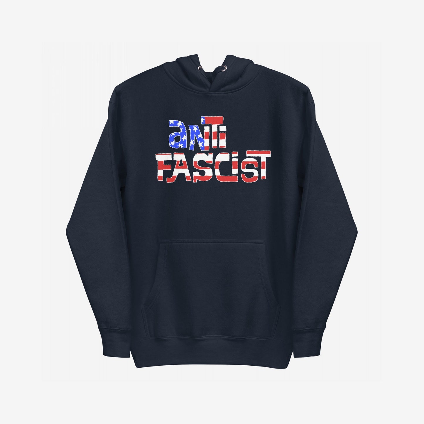 Anti-Fascist USA Hoodie featuring a stars-and-stripes ANTI FASCIST slogan across the chest, symbolizing resistance and patriotism. Ideal for expressing solidarity and standing against fascism and hate.