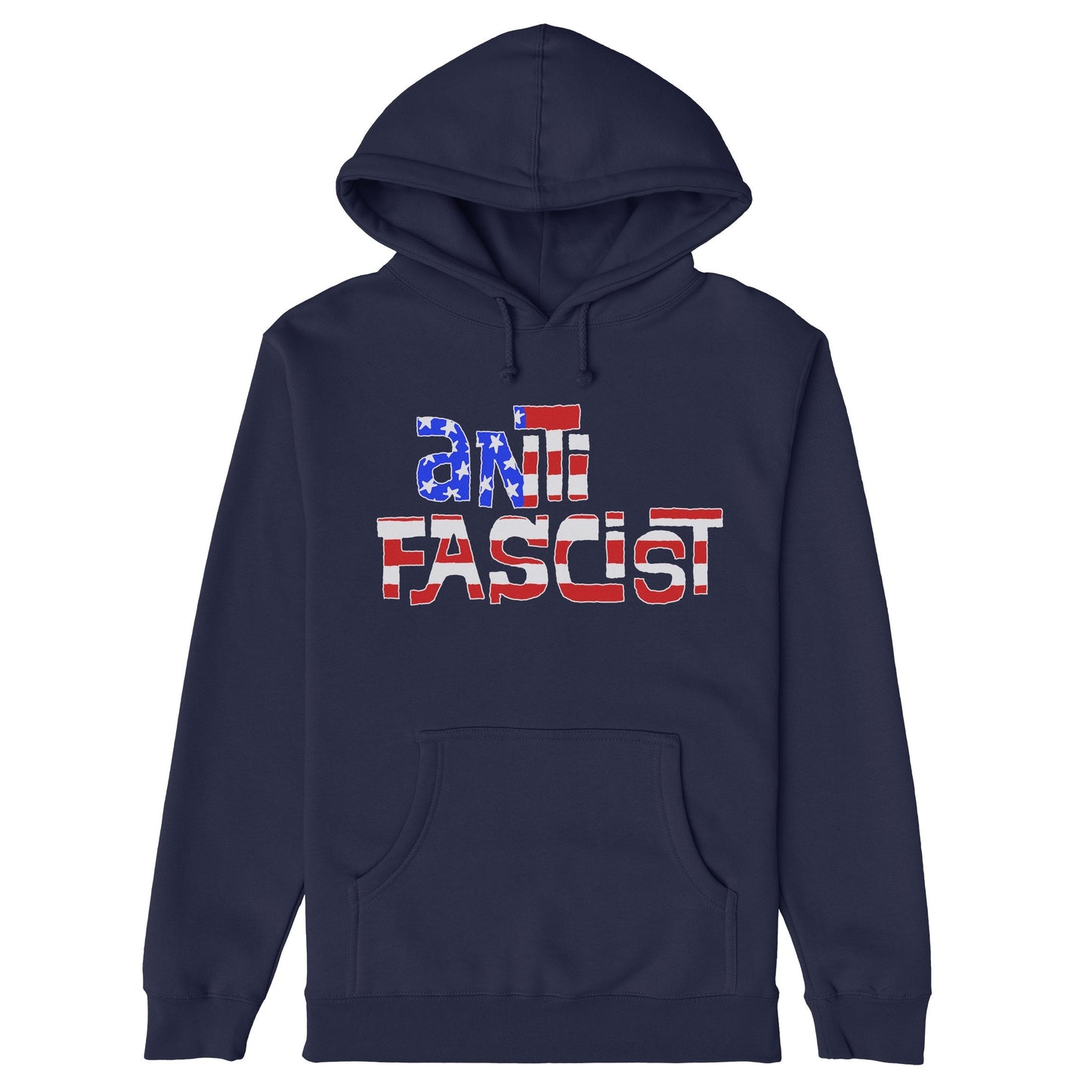 Anti-Fascist USA Hoodie featuring a stars-and-stripes ANTI FASCIST slogan across the chest, symbolizing resistance and patriotism. Ideal for expressing solidarity and standing against fascism and hate.