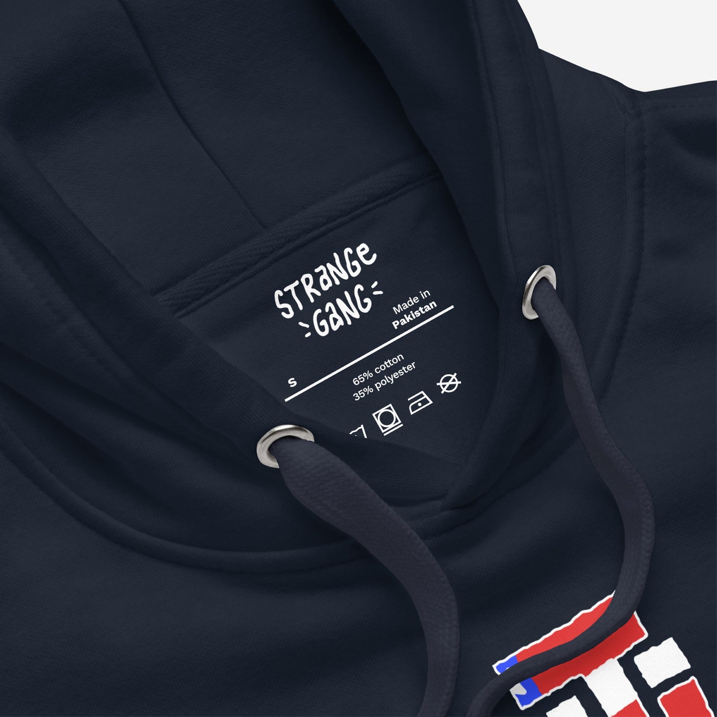 Anti-Fascist USA Hoodie features a close-up of the neckline detailing the brand, origin, size, and fabric content, with visible drawcords and metal eyelets.