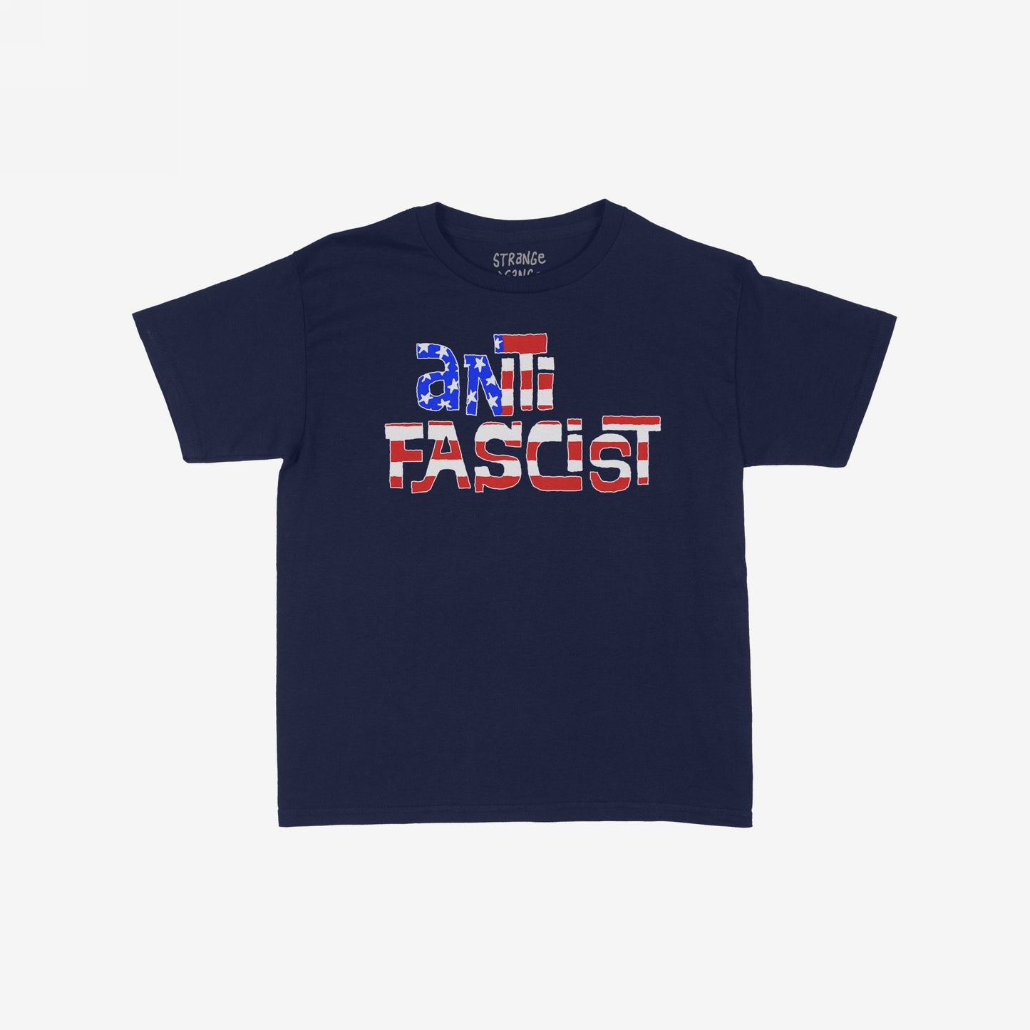 Anti-Fascist USA T-shirt showcasing a navy-blue design with ANTI FASCIST in star-and-stripe motif block letters, embodying resistance and justice. Ideal for organizers and truth-tellers advocating equality.