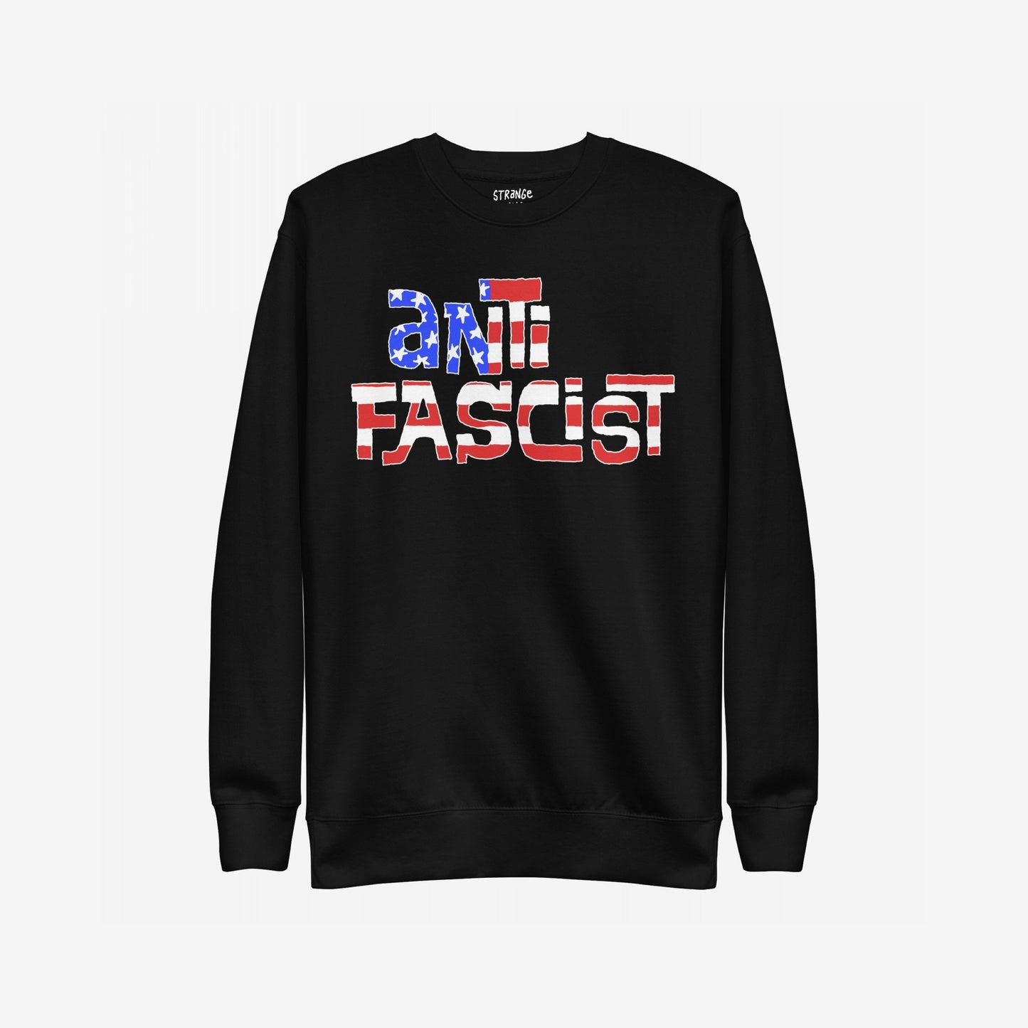 Anti-Fascist USA Hoodie & Sweatshirt features anti fascist in distressed flag-inspired lettering, promoting resistance and reclaiming patriotism. Ideal for activism, with a subtle brand tag at the neckline.