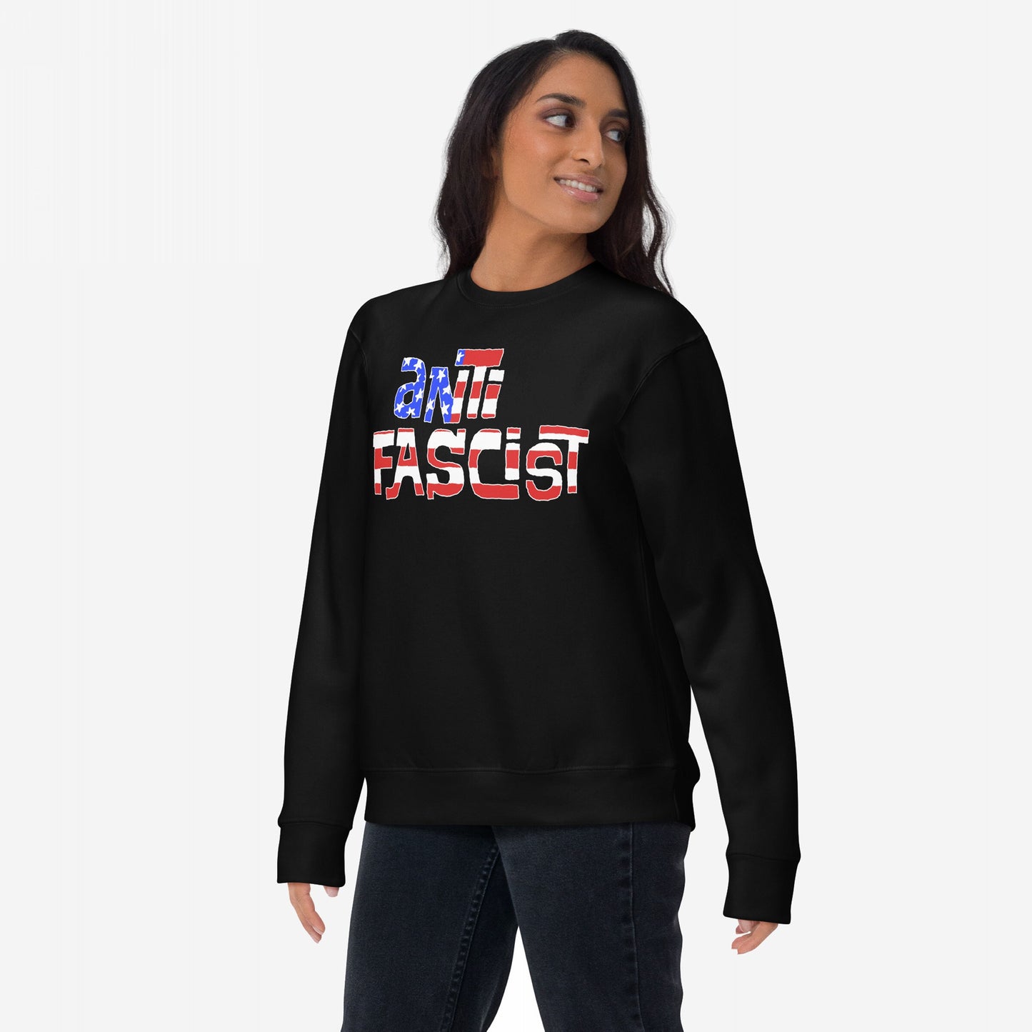 Anti-Fascist USA Hoodie & Sweatshirt features a bold ANTI FASCIST stars and stripes design, worn casually by a person, symbolizing resistance and reclaiming patriotism. Ideal for those advocating equality and justice.